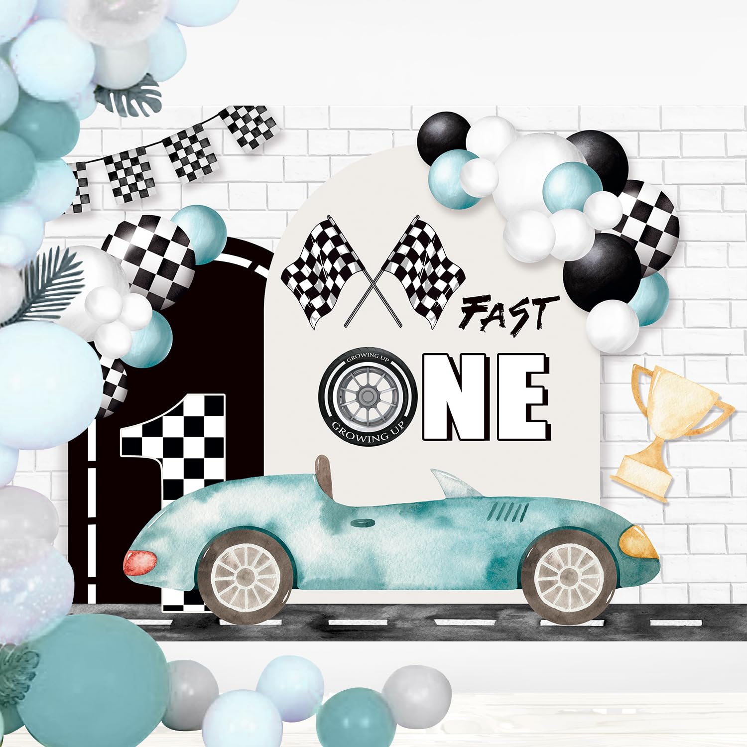 Imirell Fast One 1St Birthday Backdrop 7Wx5H Feet Kids Boys Racing Car Teal Black White Plaid Flag Cool Polyester Fabric Bday Ca