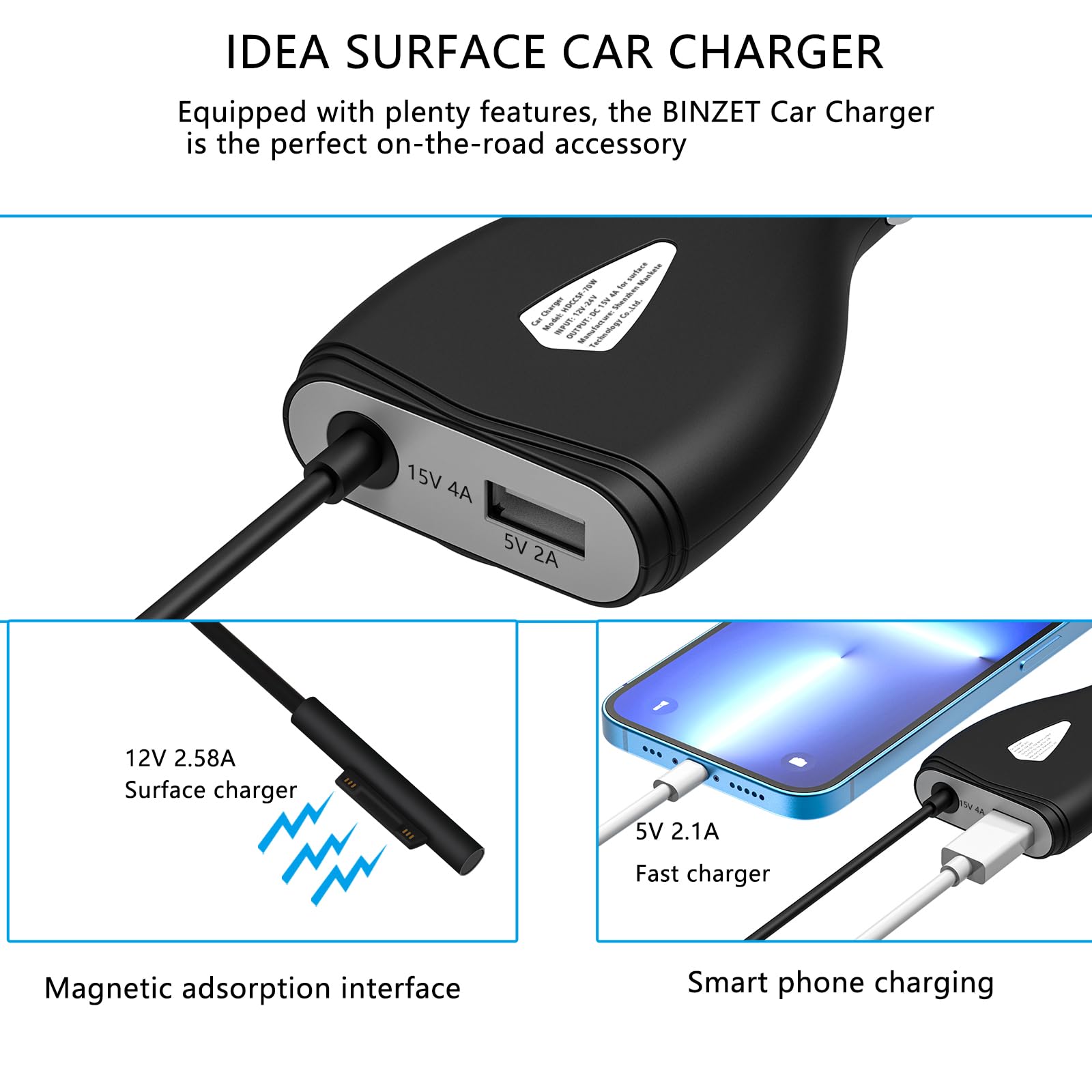 Surface Car Charger, 70W 15V 4A Power Supply For Microsoft Surface Pro 5/Pro 6/Pro 7/Pro 8/Pro X, Surface Book, Surface Go, Surf