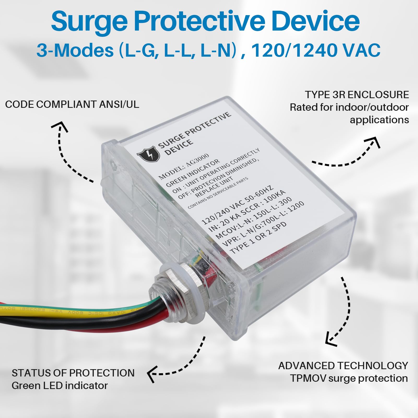 Ag3000 120/240 Vac Hvac Surge Protective Device - Surge Protective Device With Tpmov Technology, Watertight Enclosure, L-G, L-L,