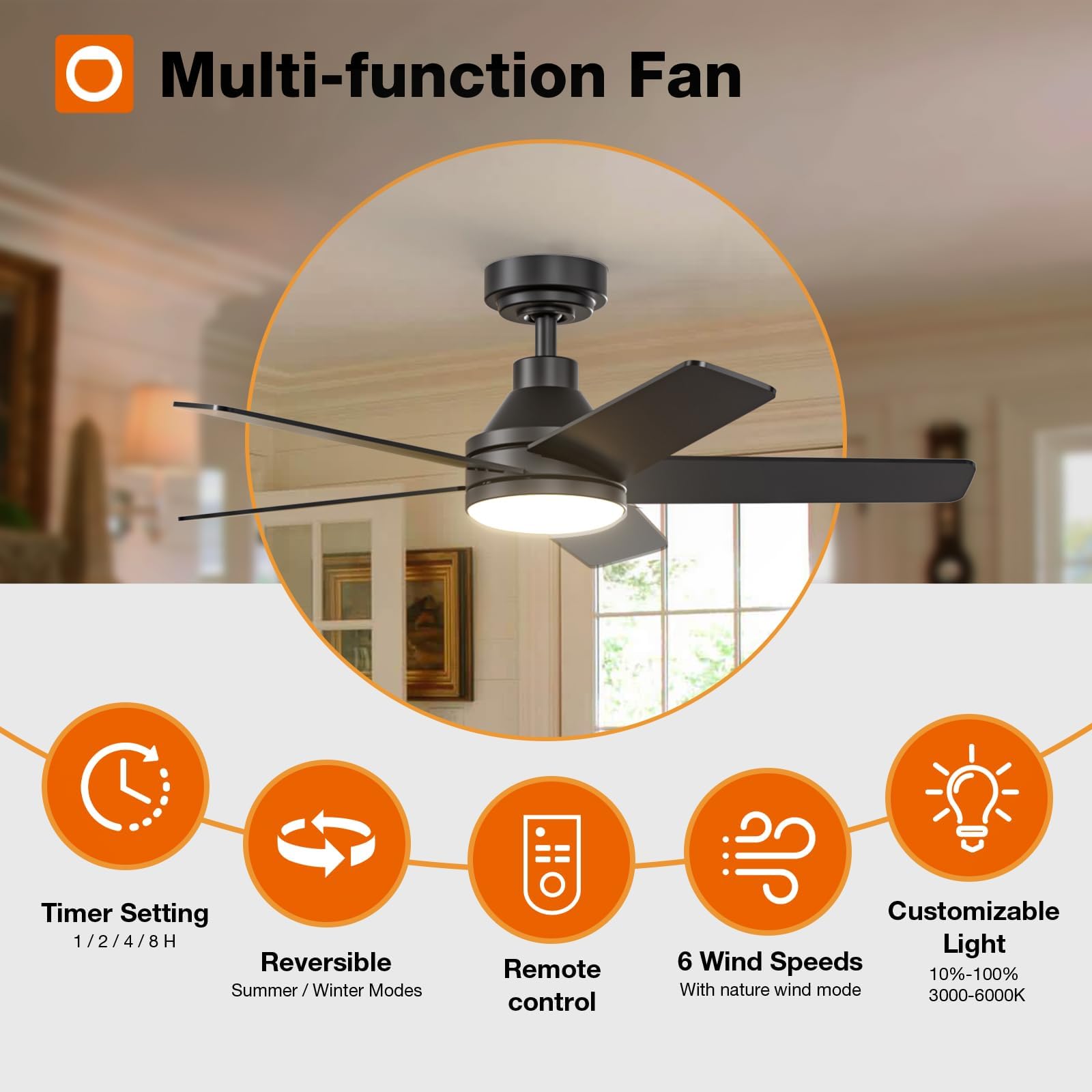 Addlon Ceiling Fans With Lights, 42 Inch Black Ceiling Fan With Light And Remote Control, Reversible, 3Cct, Dimmable, Noiseless,