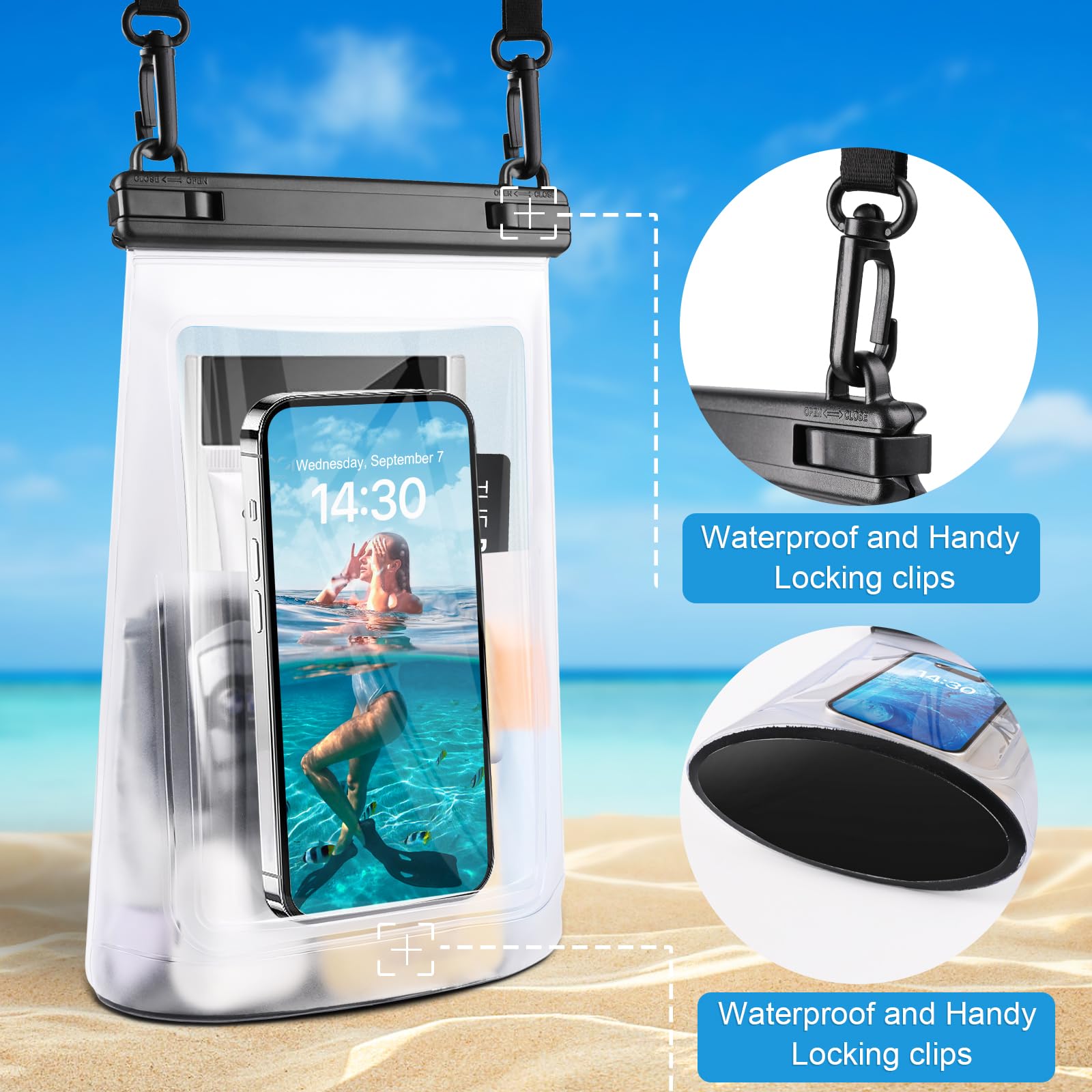 2L Waterproof Phone Pouch For Iphone 16 15 14 11 Pro Max & Galaxy S24 S21 - Floating Large Capacity Dry Bag Stores Sunscreen, Su