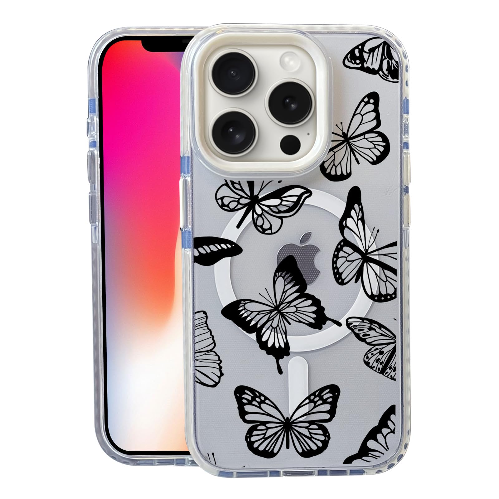 Nimeey Black Butterfly for iPhone 16 Pro Case,MagSafe Compatible,Matte Soft Slim Shockproof Cover,Anti-Fingerprint,Anti-Yellowin
