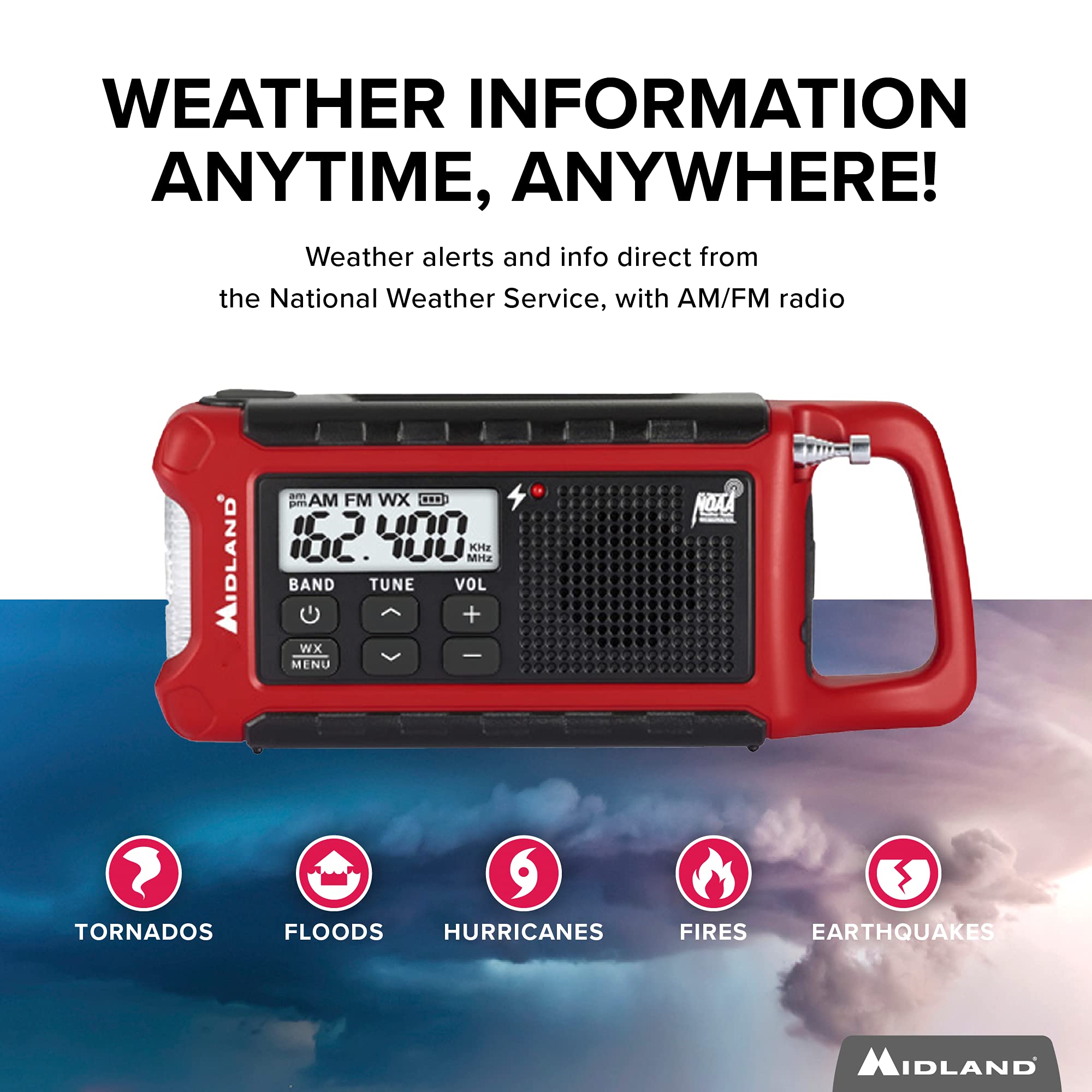 Midland   Er210 Emergency Compact Crank Weather Am/Fm Radio   Multiple Power Sos Emergency Flashlight, Noaa Weather Scan + Alert