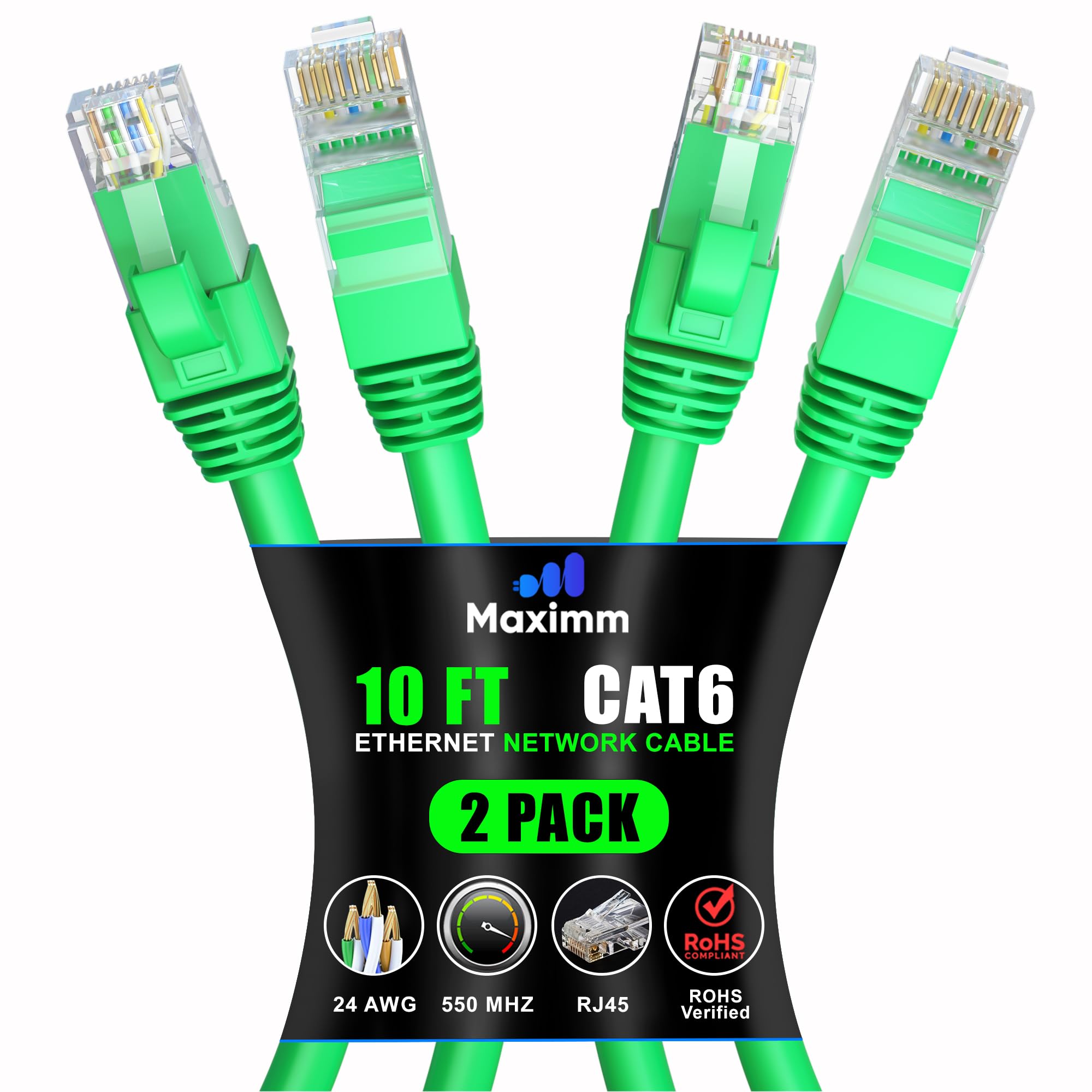 Maximm Cat 6 Ethernet Cable 10 Ft (2 Pack)   High Speed Lan Cable, Internet Cable, Patch Cable, And Network Cable   Utp, 10Gbps, 550Mhz Ethernet Cord   Green