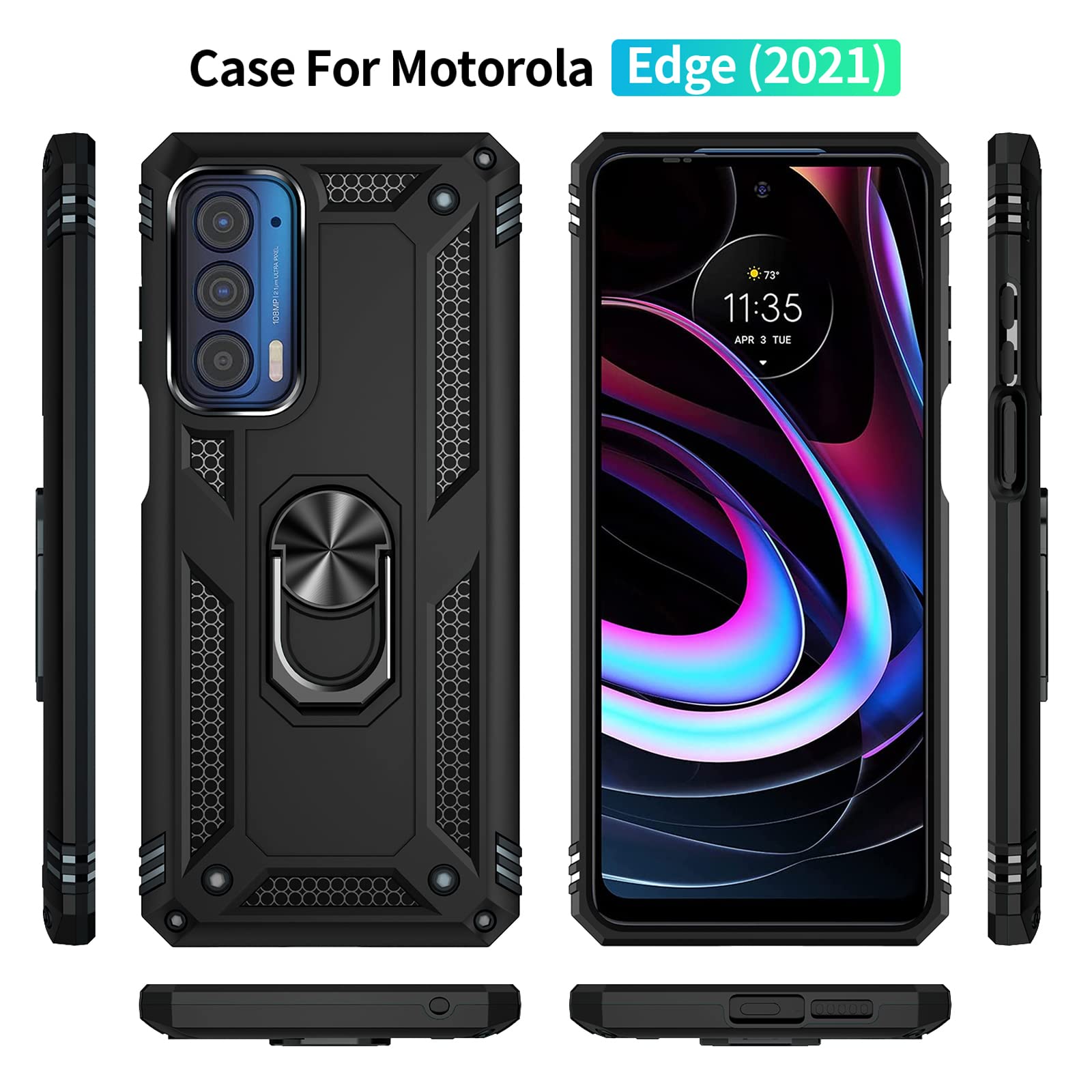 SKTGSLAMY Phone Case for Moto Edge 2021 Motorola Edge 5G UW with Magnetic Kickstand 16ft Drop Tested TPU PC Black