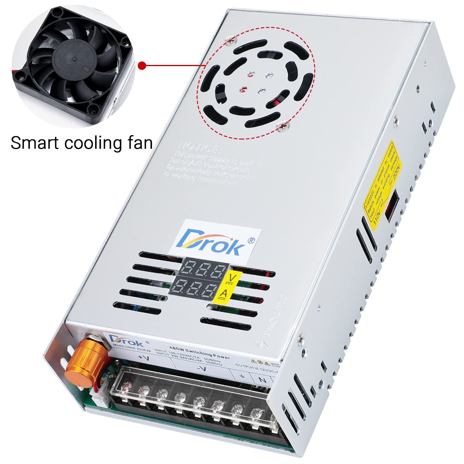Drok 12V Power Supply, Ac 110V 220V To Dc 0 12V 40A 480W Buck Converter Dual Display, Variable Adjustable Adapter Regulated 5V 6