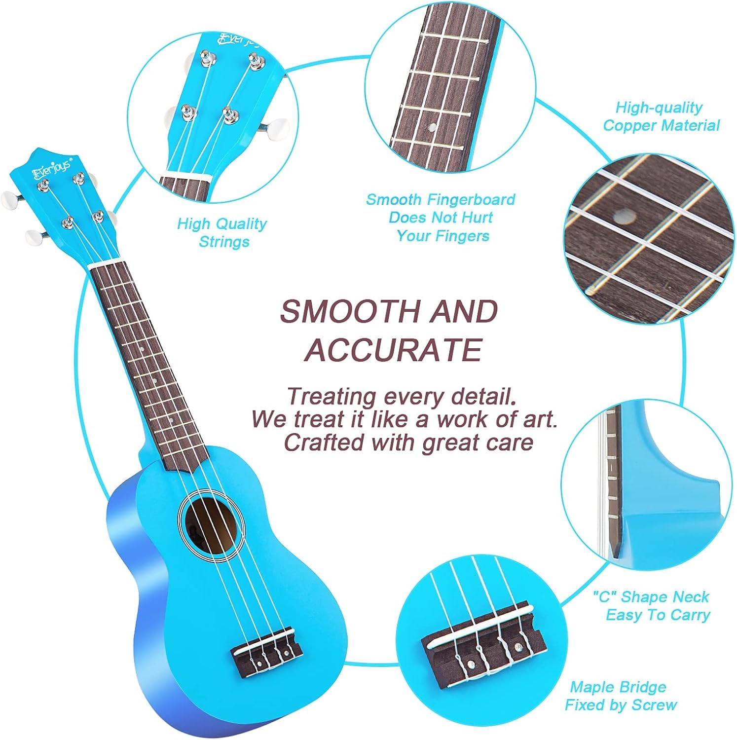 Everjoys Soprano Ukulele Beginner Pack 21 Inch W/Free Online Lesson Gig Bag How To Play Songbook Digital Tuner Pick Polishing Cl