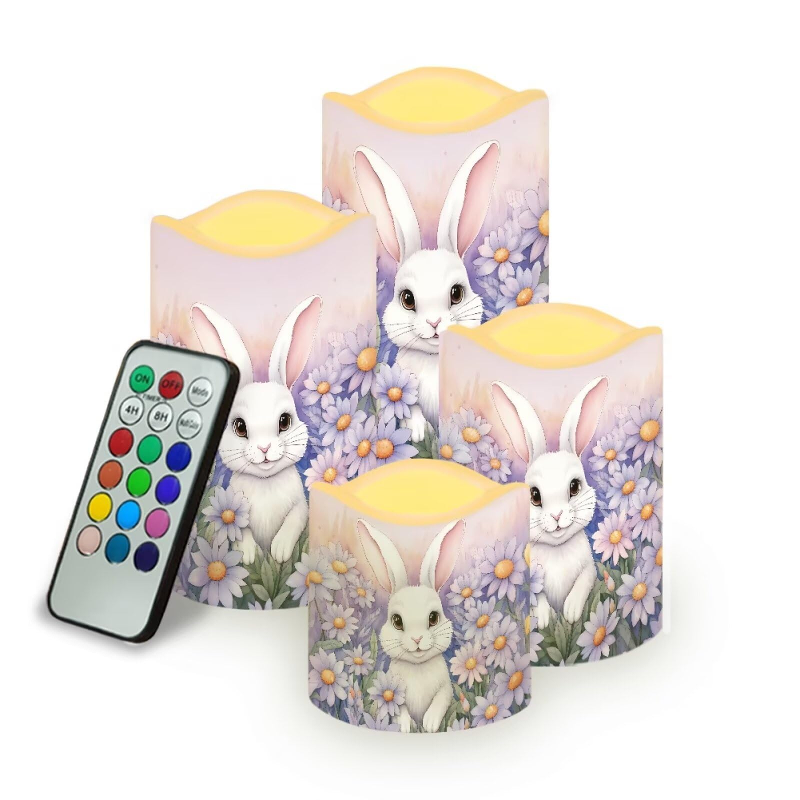 Uorisanigo Easter Bunny Daisy Plastic Flameless Candles with Remote Control and Timer LED Flickering Battery Operated Color Chan