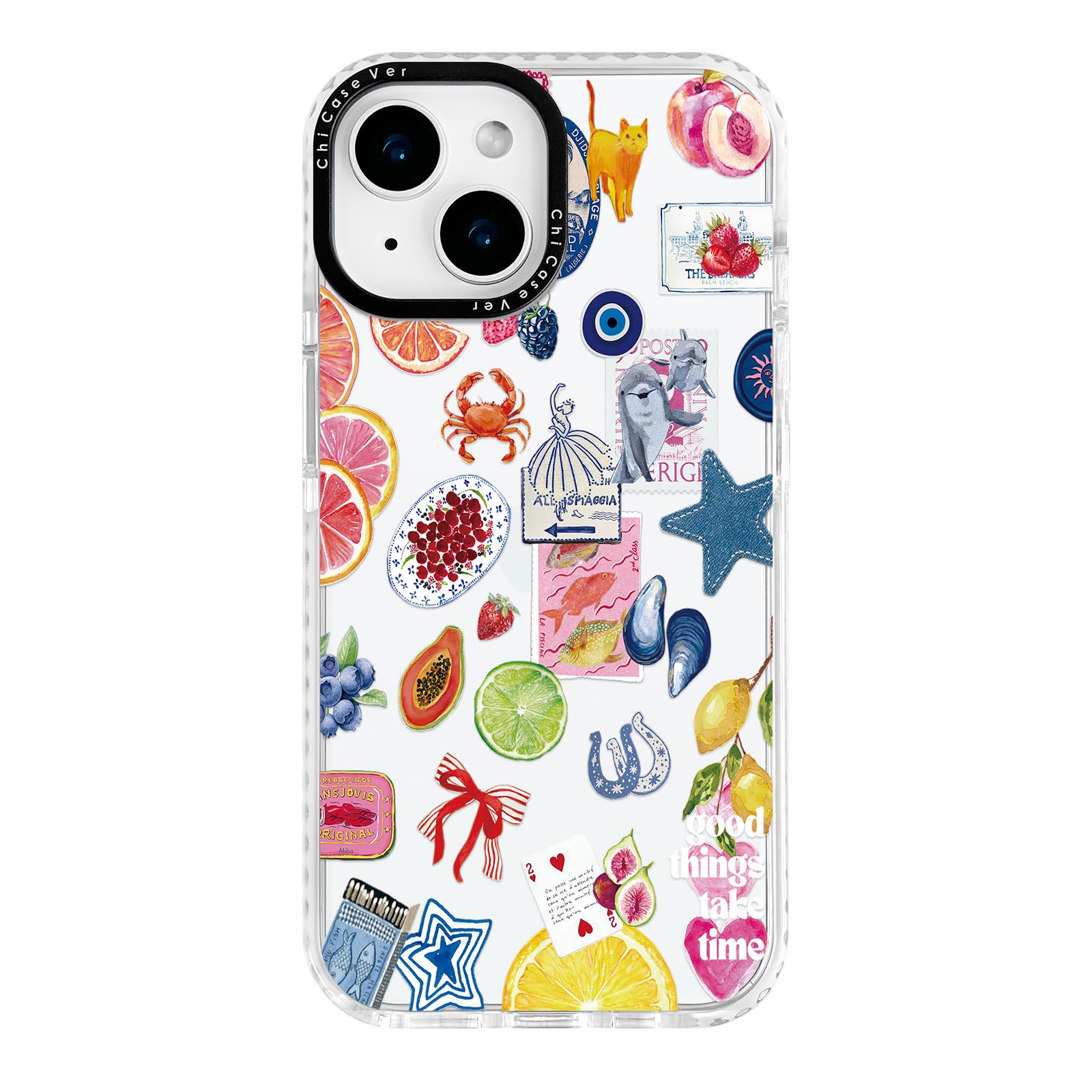 ChiCaseVer for iPhone 15 Plus Case, Coastal Fruit Collage Pattern with Lucky Charms, Military-Grade Drop Protection, Boho Y2K So