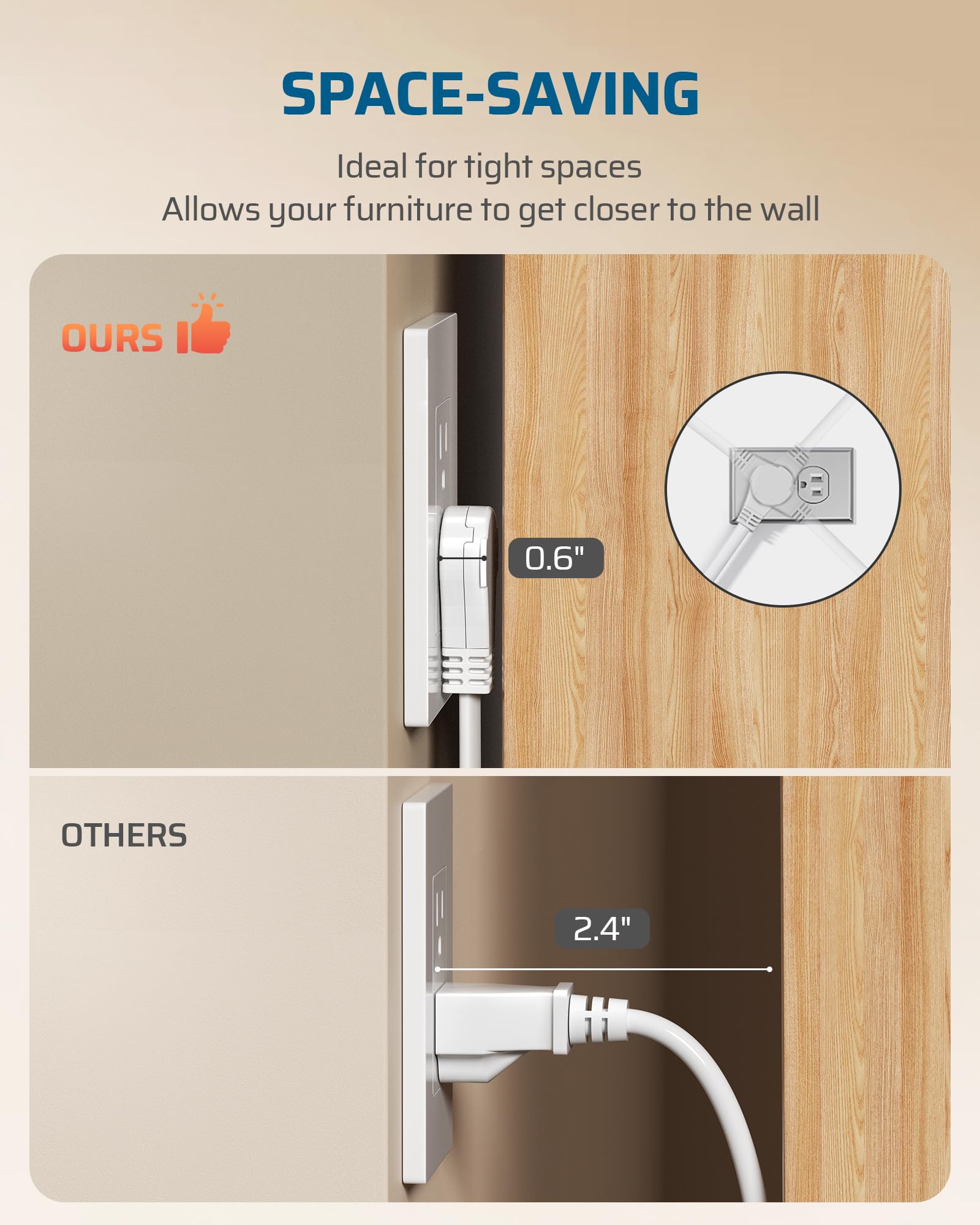 Dewenwils 360 Rotating Flat Plug Extension Cord 1 Foot, 14/3 Gauge 3 Prong Grounded Wire, 15A/1875W Heavy Duty Power Cord, Space