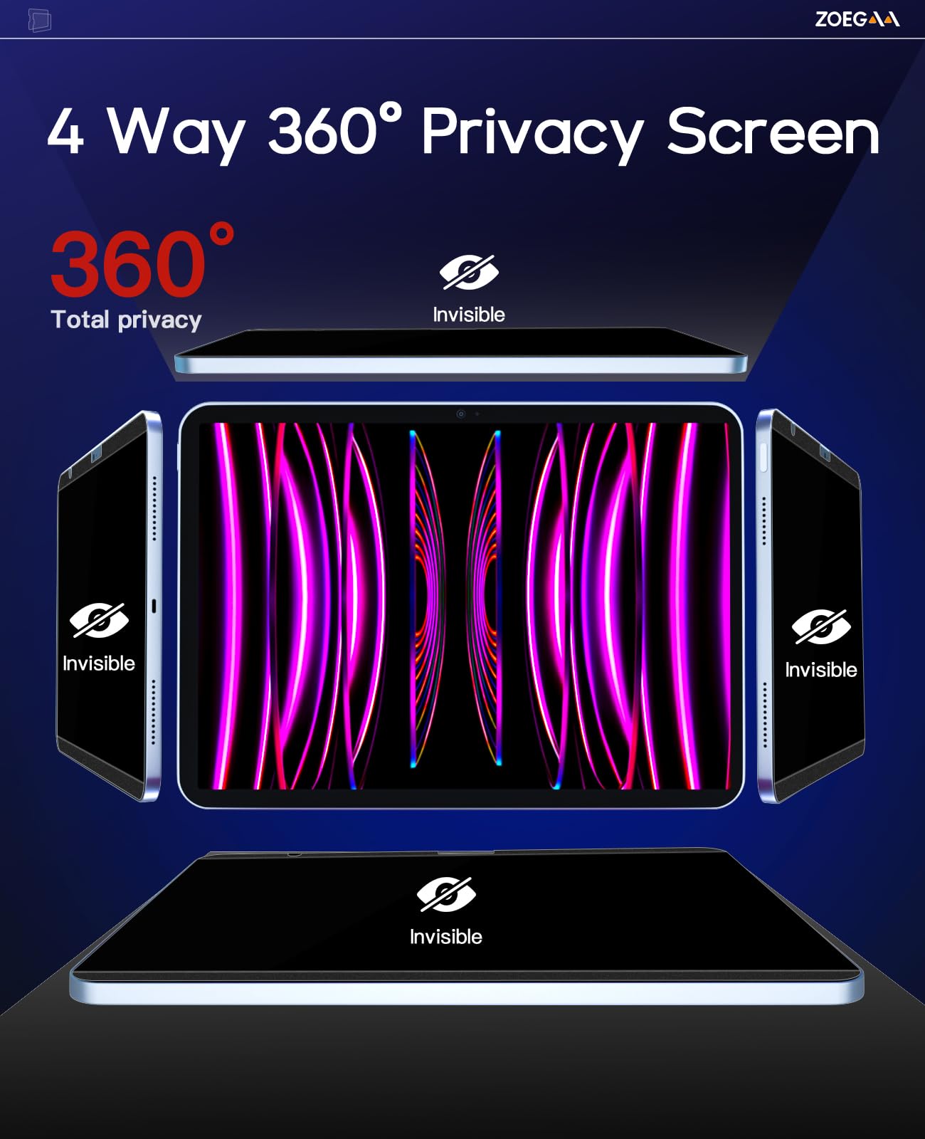 Zoegaa 3604 Way Magnetic Privacy Screen Protector Ipad 10Th Generation, Removable & Reusable Anti Blue Light Glare Privacy Scree