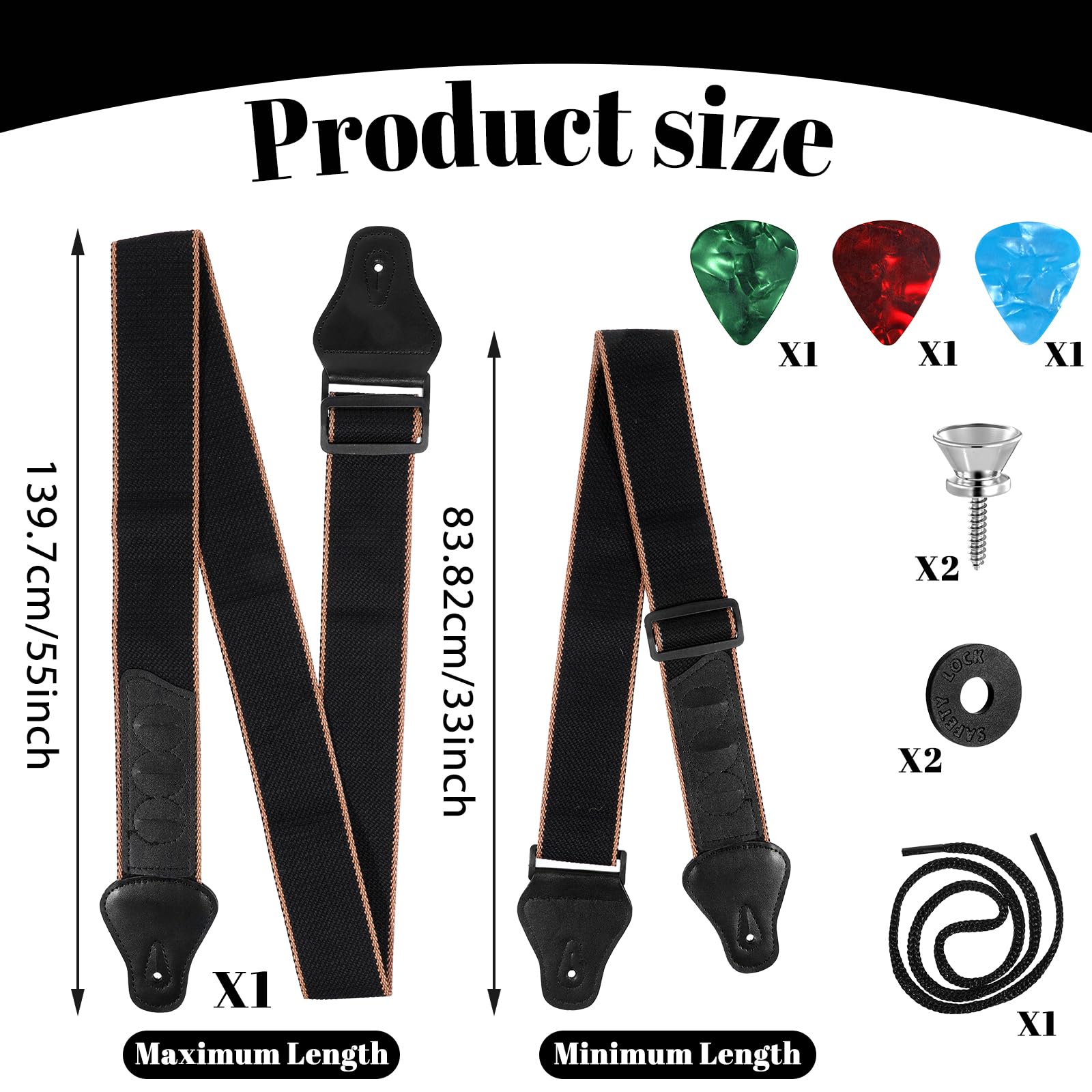 Acoustic Guitar Strap, Pu Leather Ends Guitar Accessories With 2 Buttons 2 Locks 3 Guitars Picks Pick Soft Cotton Leather Guitar