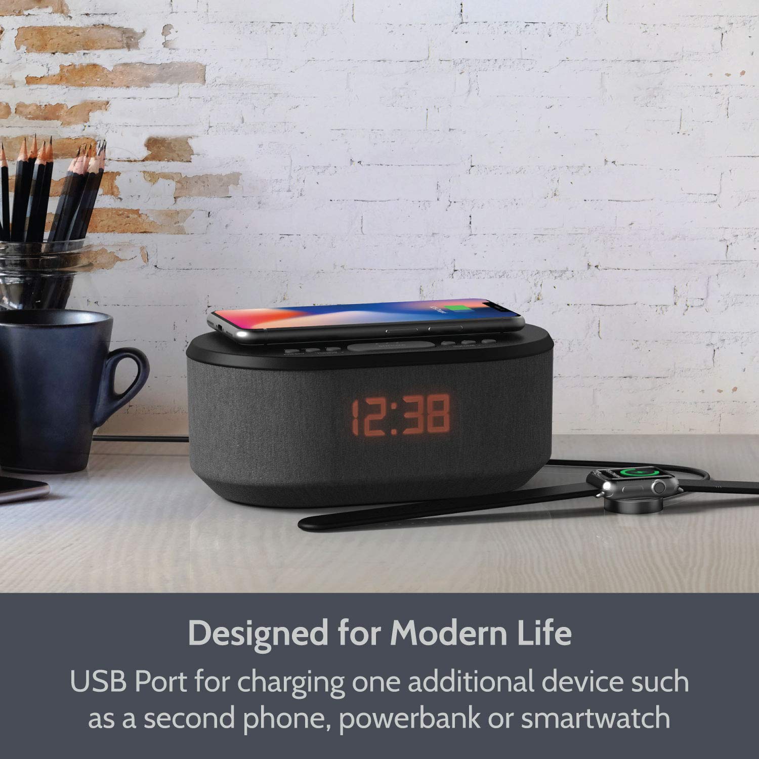 I Box Alarm Clock Radio With Wireless Charging, Bluetooth Speakers, Usb Port, Dimmable Night Light