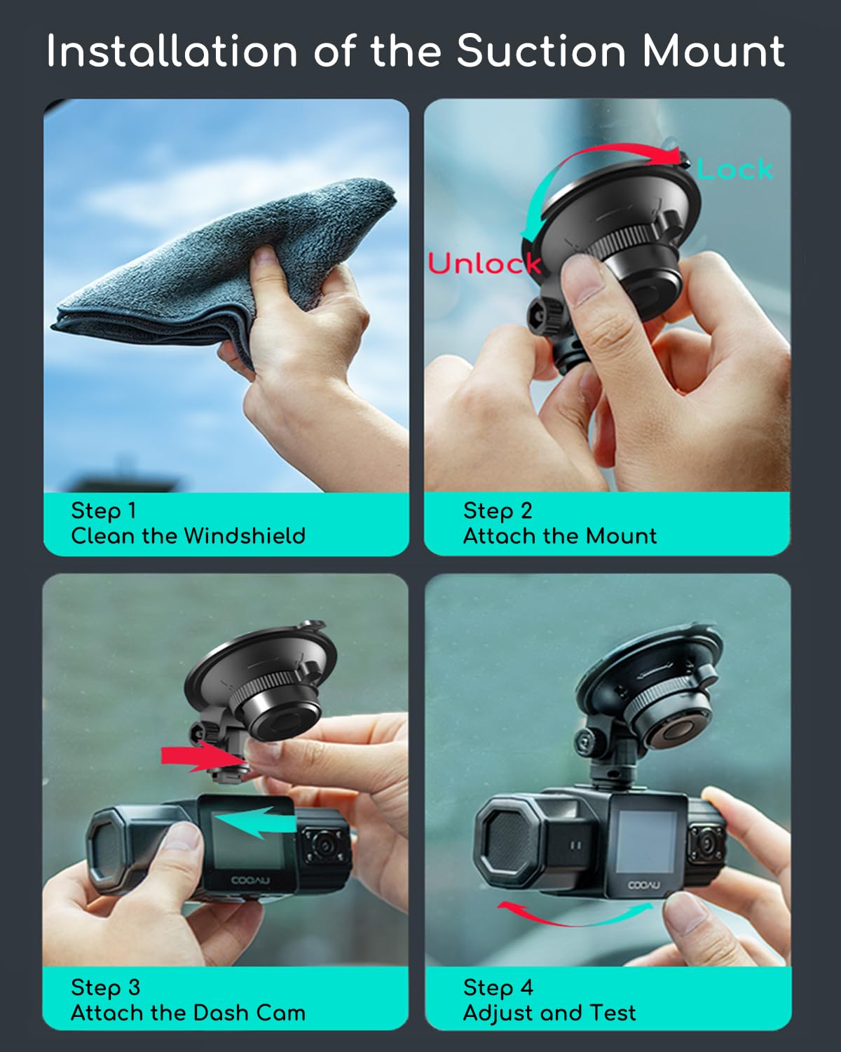 Cooau Car Dash Cam Mounting Bracket, Adjustable Windshield Mount For Dash Camera, Suction Cup Mount For Dashboard Camera, Suitab