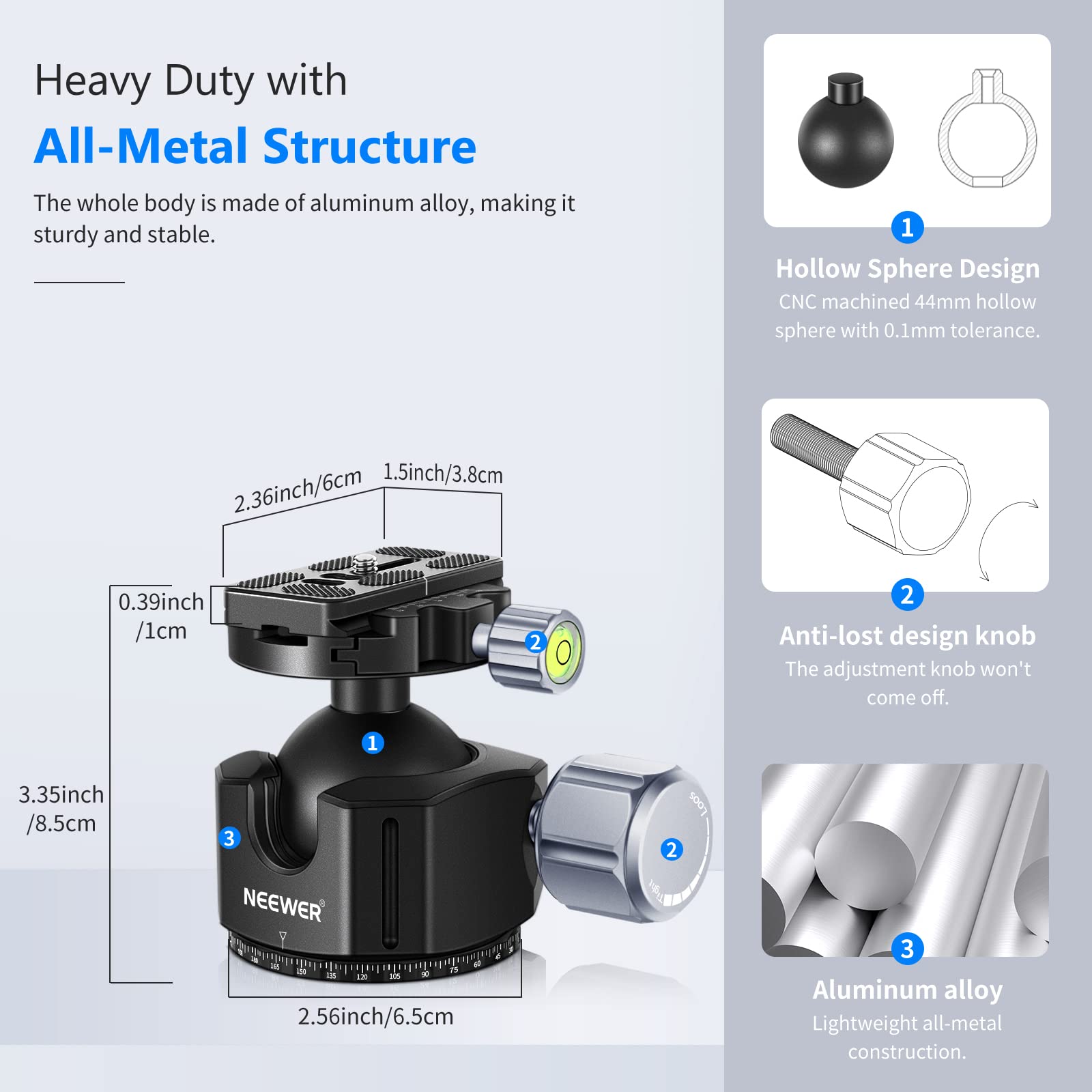 Neewer Low Profile Dslr Camera Tripod Ball Head, 44Mm All Metal Panoramic Camera Mount Tripod Head With 1/4    Quick Release Pla