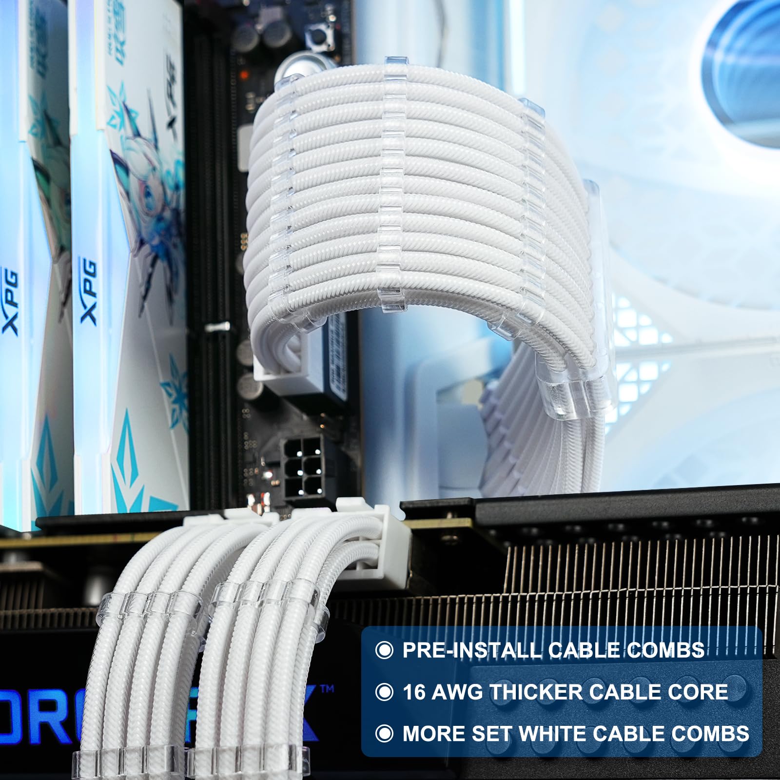 Sirlyr Psu Cable Extension Kit,Bright White Sleeved Pc Cables Extensions Mod,24Pin Atx X1 8Pin Eps X1 8 Pin Pci E X2,Gold Plated