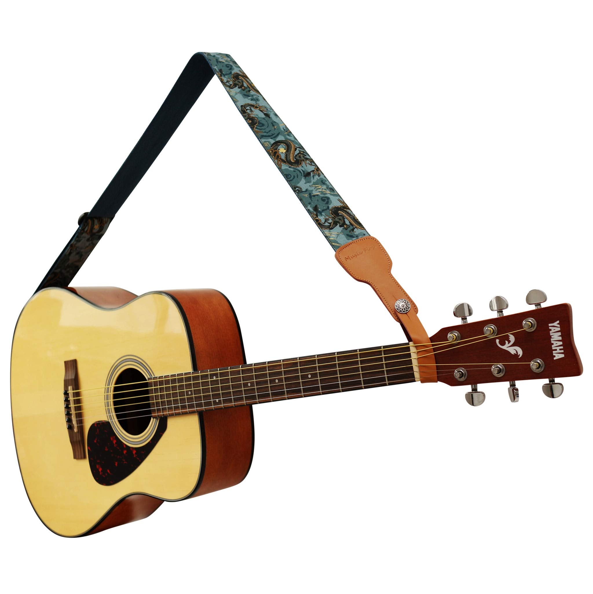 Music First Original Design, 2 Inch Width (5Cm), Ukiyoe Style The Dragon King    Soft Muslin & Genuine Leather Delux Guitar Stra