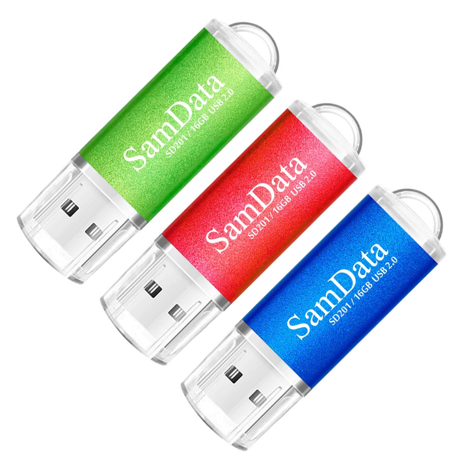 Samdata Usb 2.0 Flash Drive 3 Pack 16Gb Thumb Drives Memory Stick Zip Drive (3 Colors: Blue Green Red)