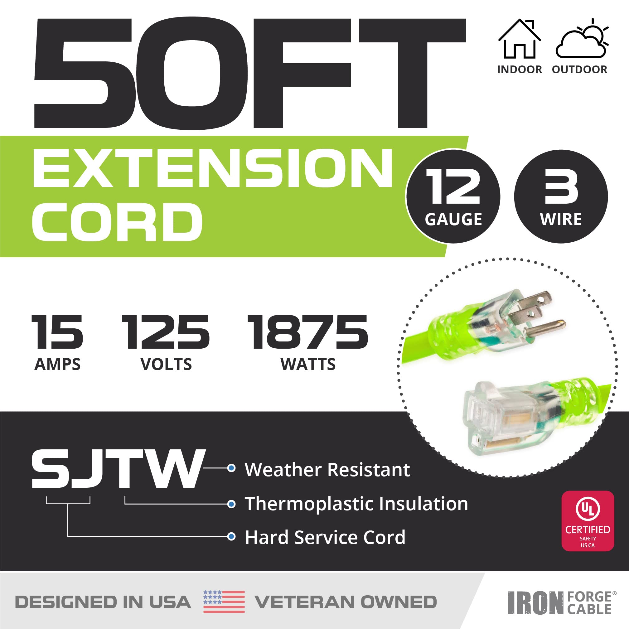 Iron Forge Cable 12 Gauge Extension Cord 50 Ft, 12/3 Sjtw 50 Foot Heavy Duty Extension Cord Outdoor 3 Prong, Weatherproof Outdoo
