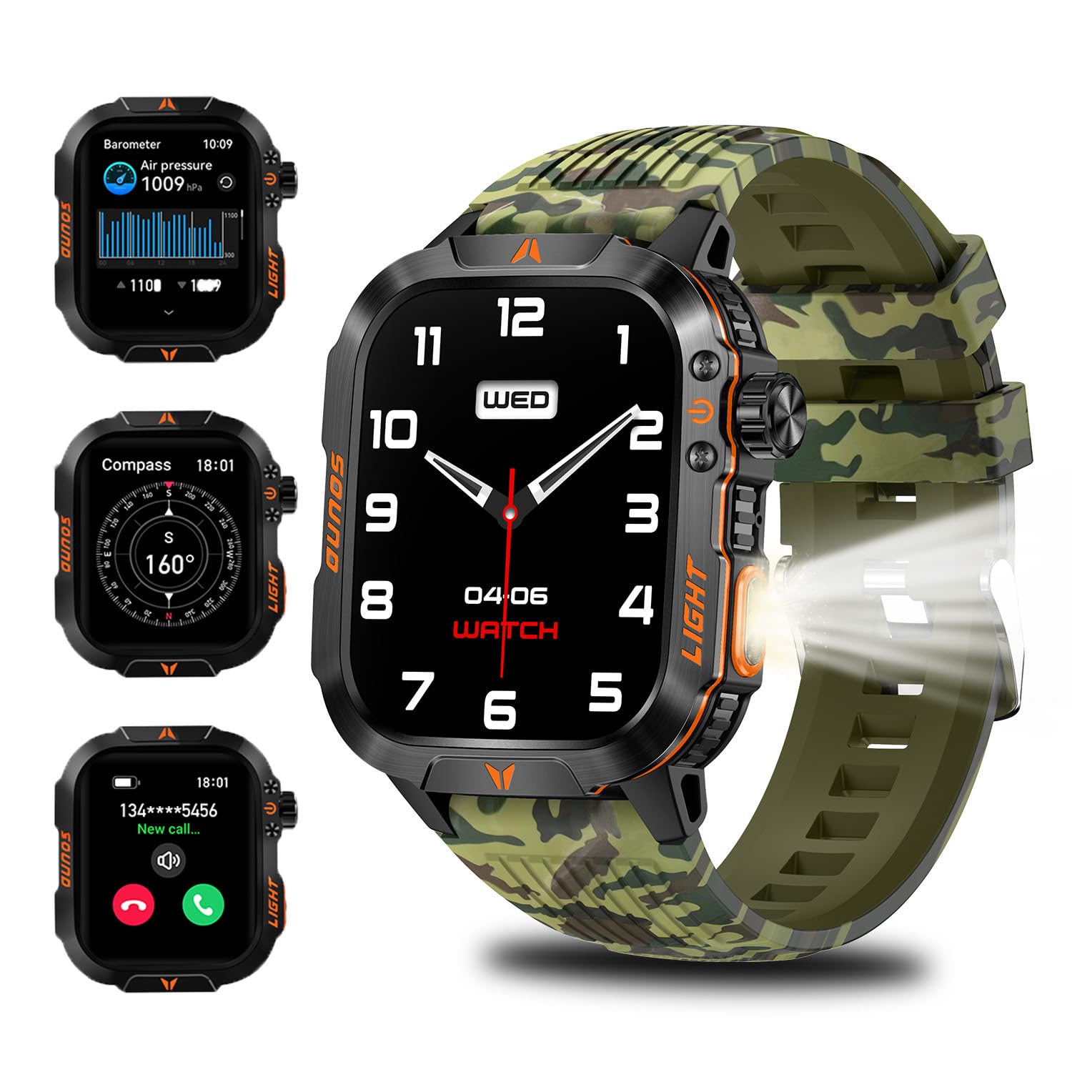 Qtllbt Men 'S Military Smart Watch Hd Led Altimeter Barometer Fitness Tracker Sports Watch With Heart Rate Spo2 Pressure Sleep M