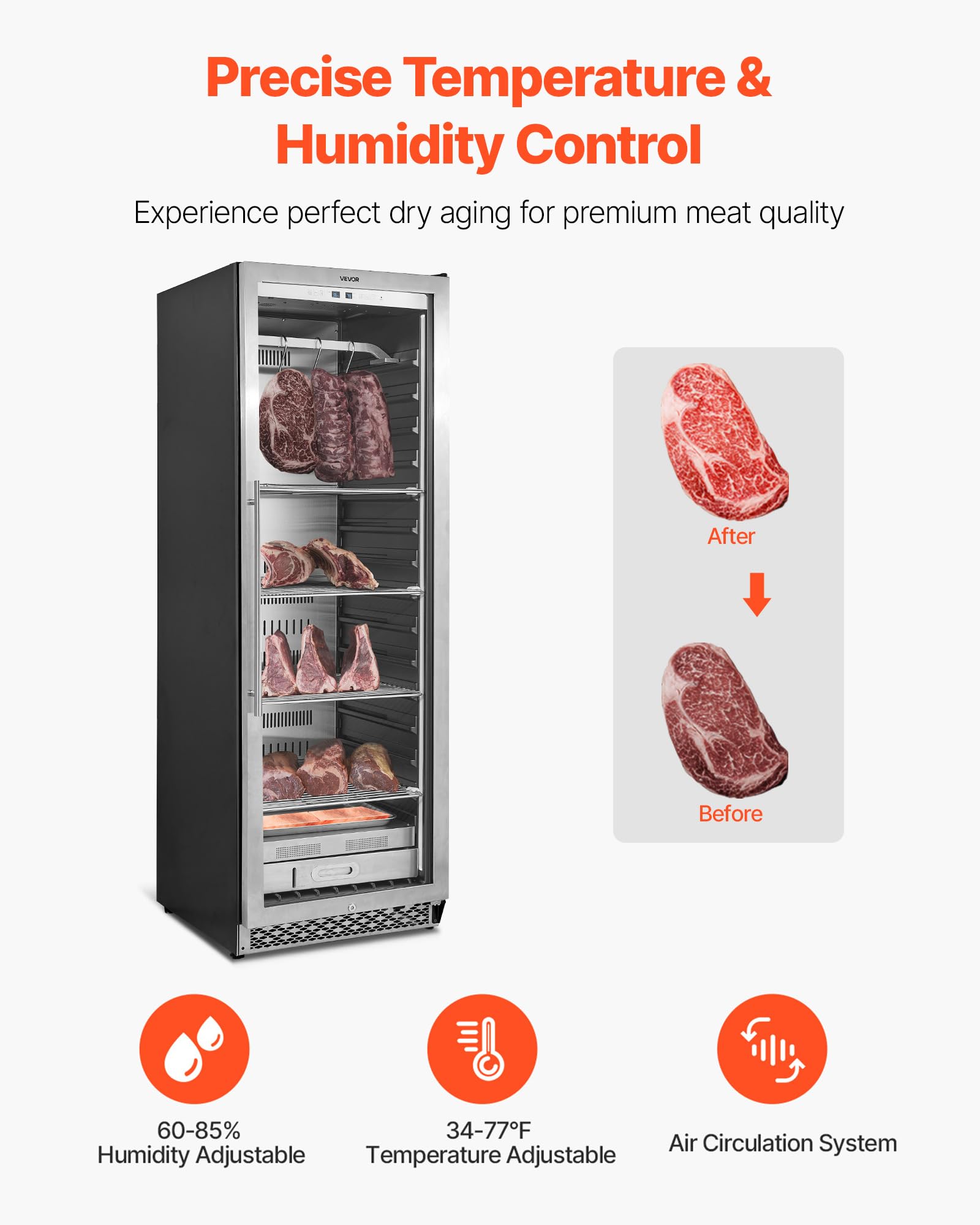 Vevor Zs-A450N Fridge For Steaks Dry Ager Refrigerator For Meat With Precise Temperature & Humidity Control, Freestanding & Buil