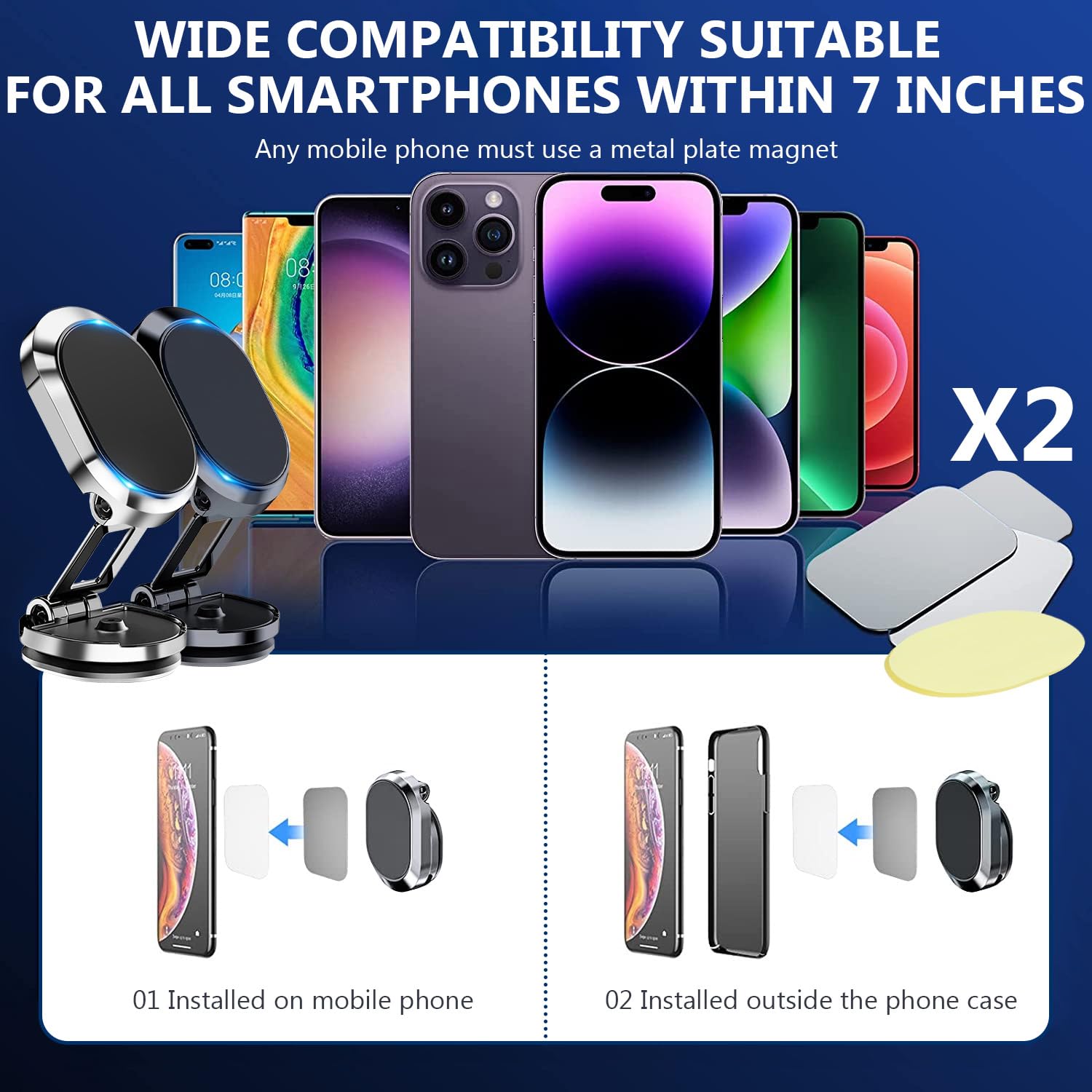 2 Pack Alloy Folding Magnetic Car Phone Holder,360 Rotation Magnetic Cell Phone Holder For Car [Super Strong Magnet] Bracket Mag