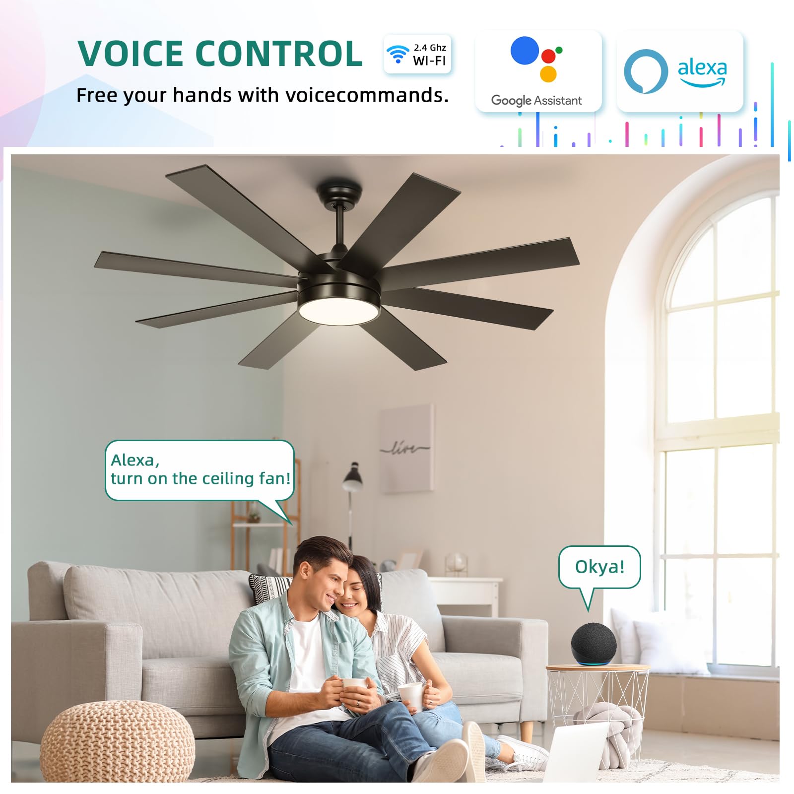 Yitahome 60 Inch Black Ceiling Fan With Lights And Remote,8 Blades,App Control, Modern Smart Ceiling Fan Compatible With Alexa F