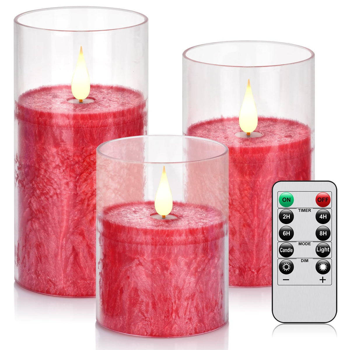 Flameless Flickering Remote Control Candle, Glass Pillar Candle,3 Pack (D:3''?H:4'' 5'' 6'') Led 3D Flame Romantic Candle,Batter