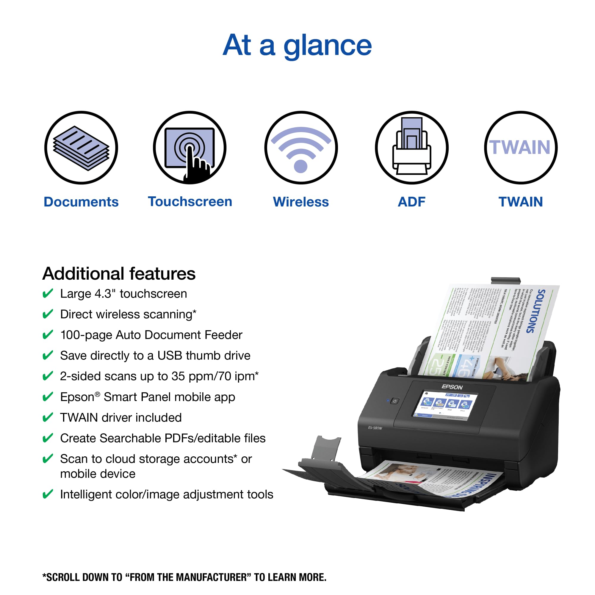 Epson Workforce Es 580W Wireless Color Duplex Desktop Document Scanner For Pc And Mac With 100 Sheet Auto Document Feeder (Adf)