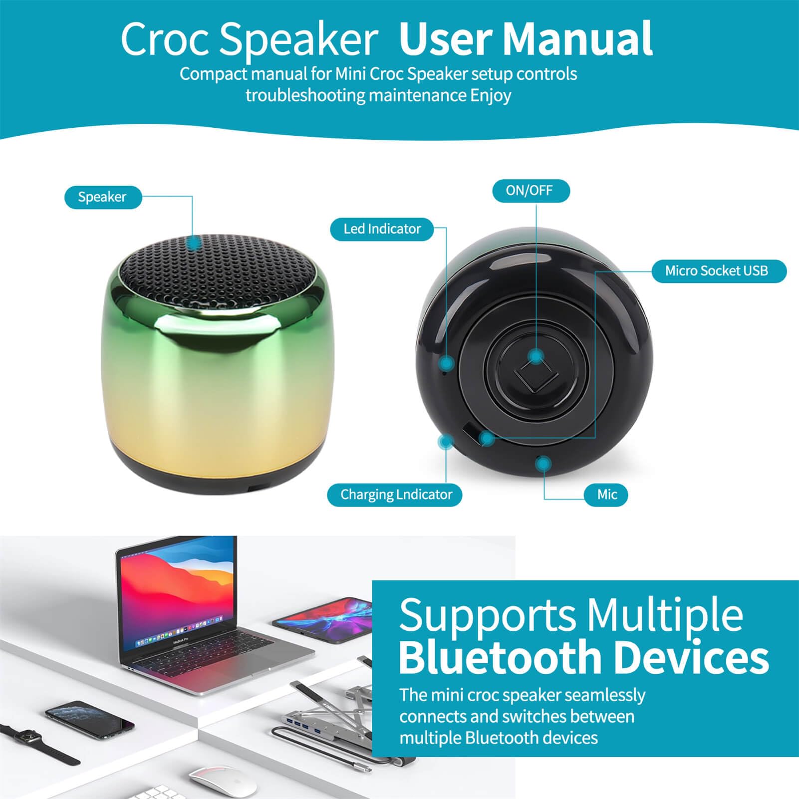 Uueenn Croc Speaker, Mini Speaker For Croc, Halloween Mini Speaker, Bluetooth Croc Charm, Green Yellow Fade