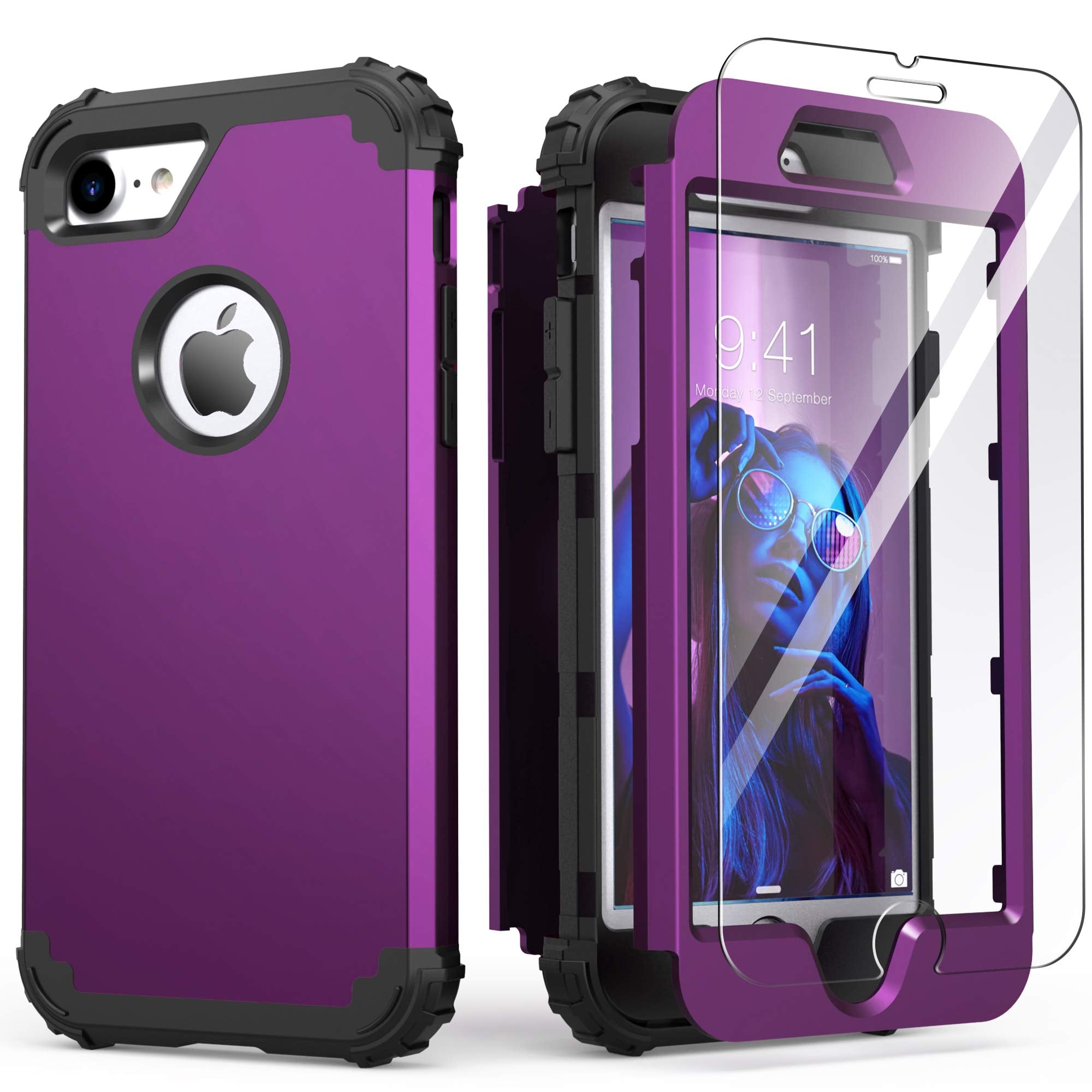 Idweel Iphone 8 Case, Iphone 7 Case With Tempered Glass Screen Protector, 3 In 1 Shock Absorption Durable Heavy Duty Duty Hard P