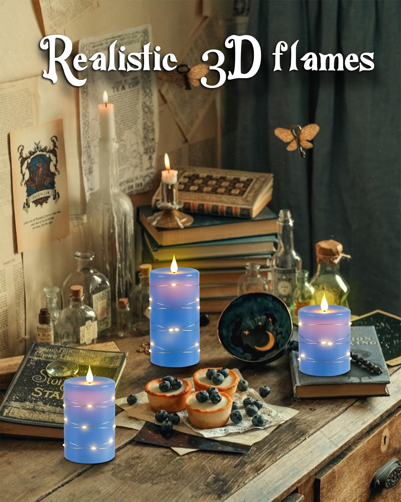 Upinmz Flameless Candle With String Of Lights Battery Powered Led Candle Flashing Candle With Remote Control And Timer 3 Packs (