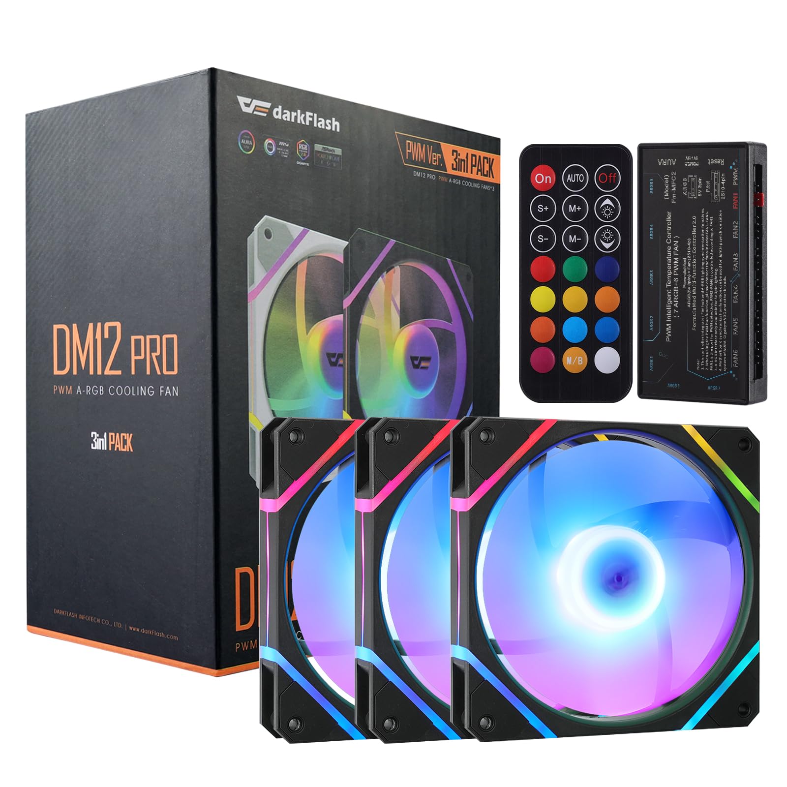 darkFlash 3-Pack 120mm PC Case Fans with Controller Hub & Remote, PWM ARGB Sync, Addressable RGB Cooling Fans for Computer Case
