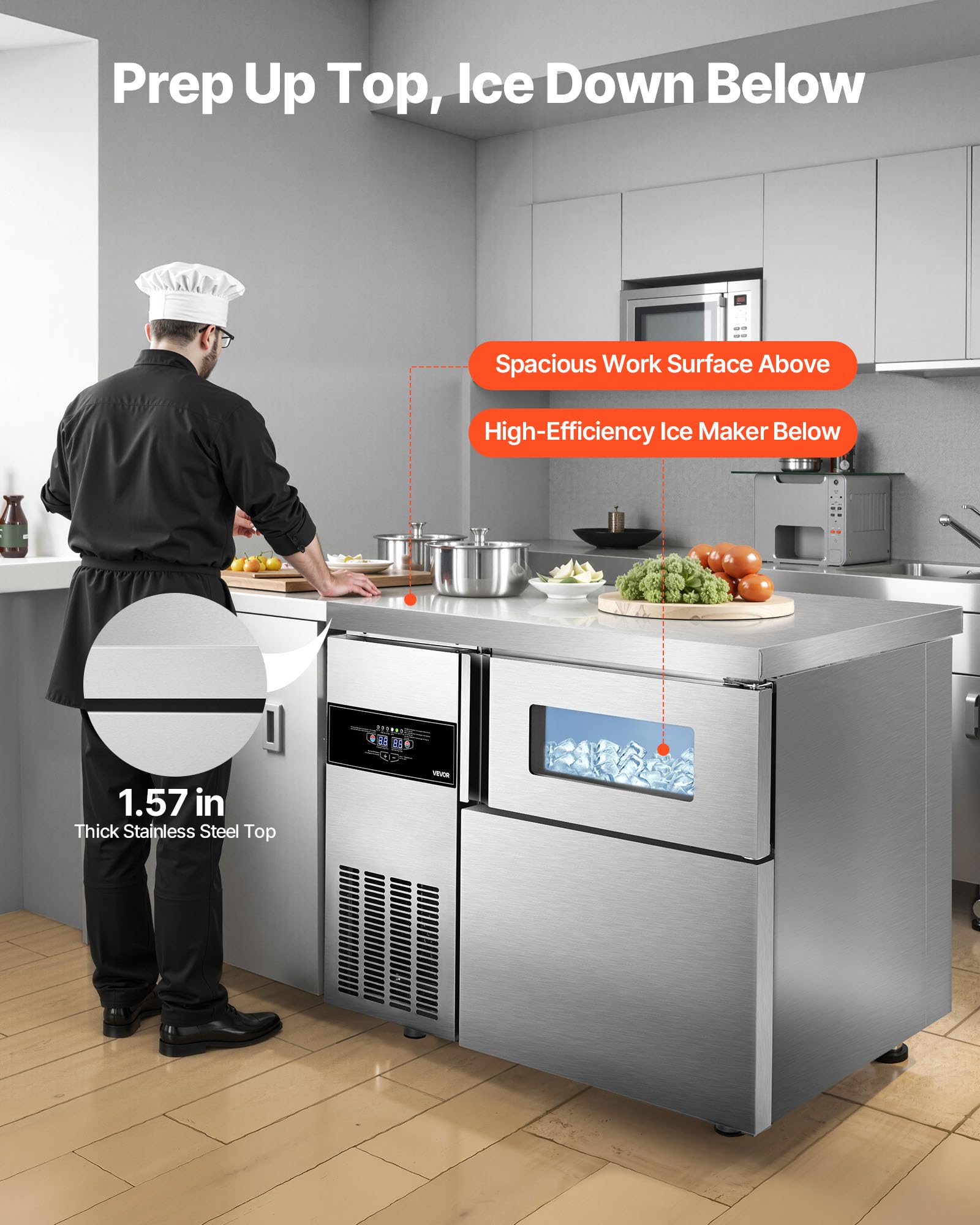 Vevor Commercial Ice Maker Machine, 220 Lbs/24H Stainless Steel Ice Machine With Worktop, 66 Lbs Ice Storage Bin & Touch Screen,