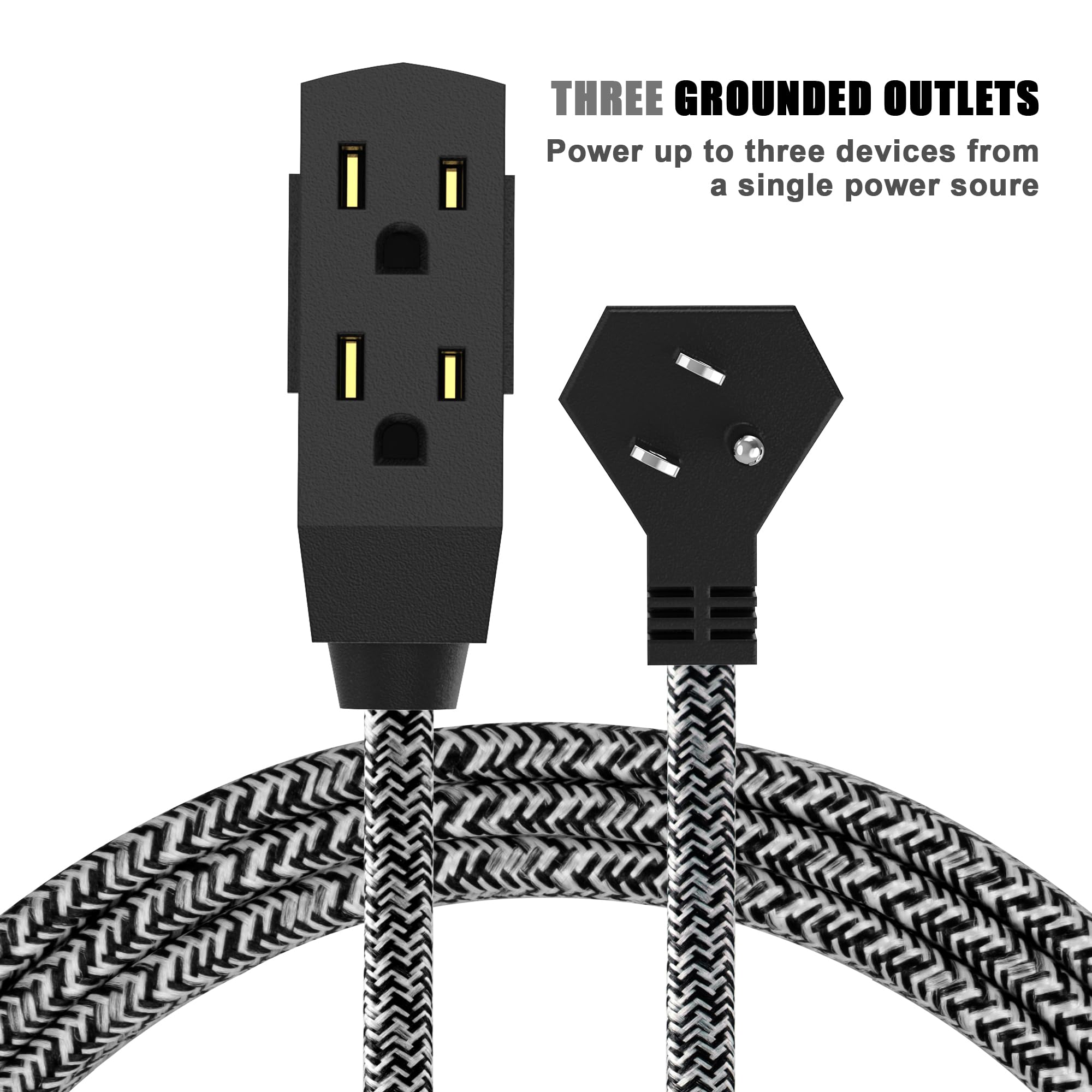 Aweltec 2 Pack Extension Cord 8 Ft With Braided Low Profile Flat Power, 3 Power Outlets, 16/3 Spt 2 Ul Listed, Black/White