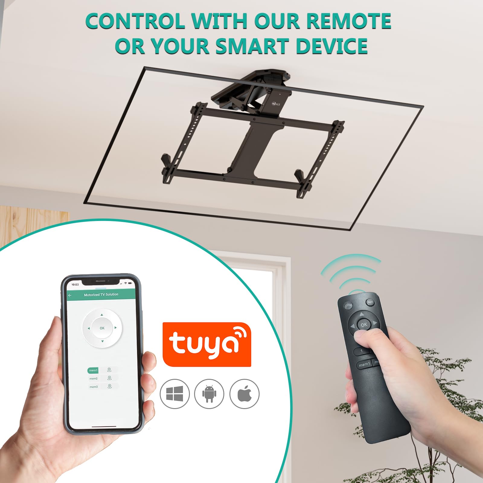 WALI Motorized Ceiling TV Mount with Remote, Electric Flip Down TV Bracket for 32 to 70 inch Flat and Curved Screen Up to 77 Lbs, Pitched Roof, Max Mounting Holes 600x400mm (FCM604), Black