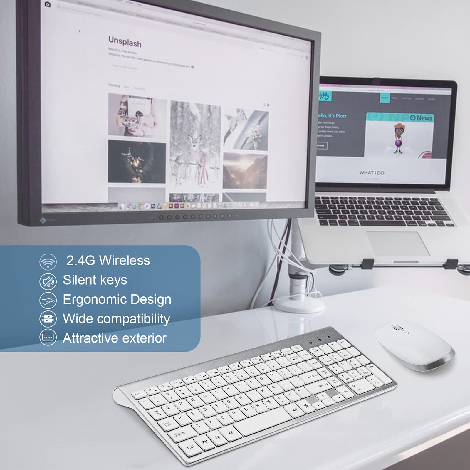 Wireless Keyboard Mouse Combo, 2.4G Usb Slim Keyboard And Mouse Silent Full Size Ergonomic Compact With Number Pad For Laptop Pc Computer   Silver