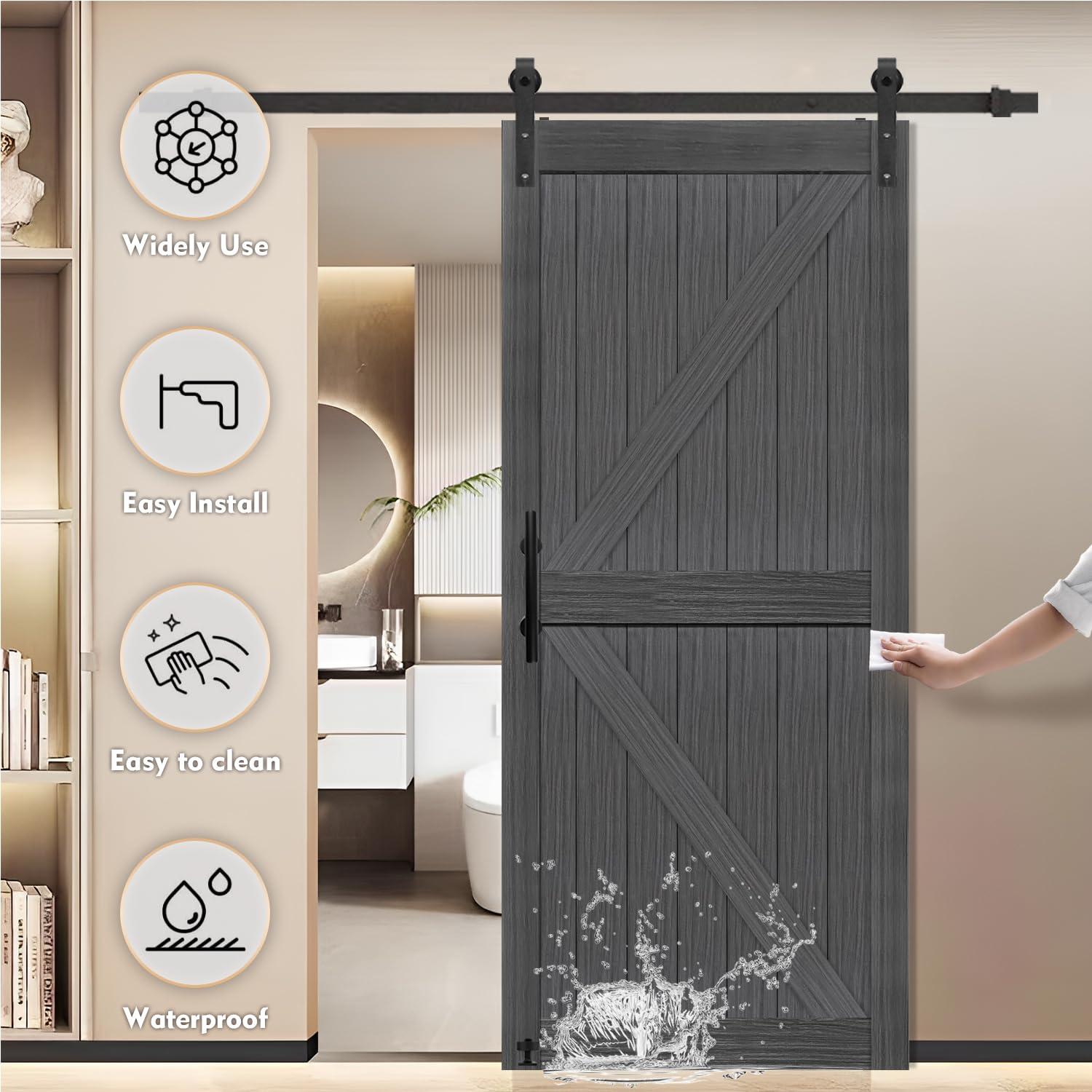 S&Z Tophand 38 In X 84 In Deep Gray British Brace Knotty Barn Door With 6.6Ft Sliding Door Hardware Kit/Double  Sided Door Handl