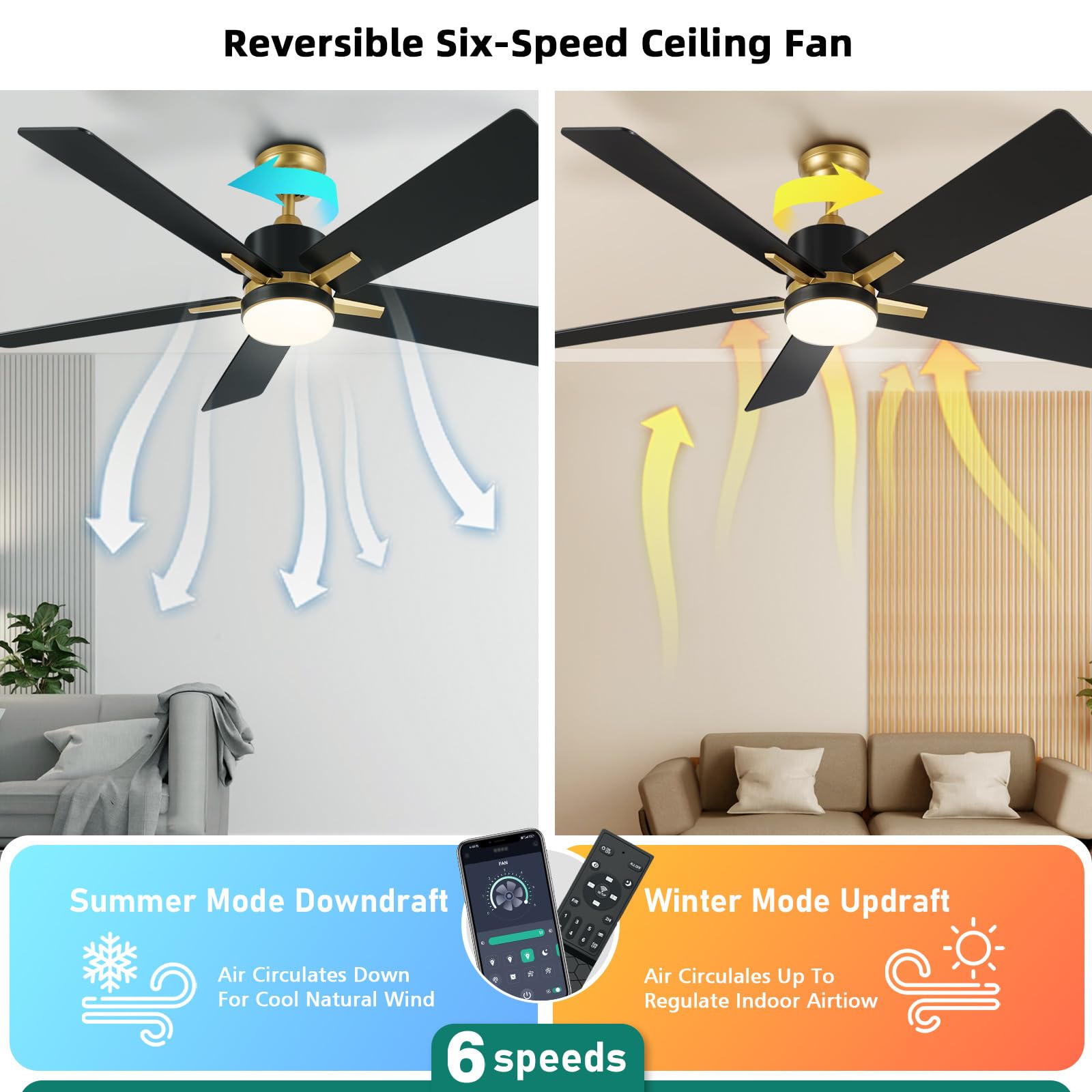 Yitahome 52 Inch Black Gold Ceiling Fan With Light Remote And App Control, Modern Dimmable Fanlight For Indoor Outdoor With Reve