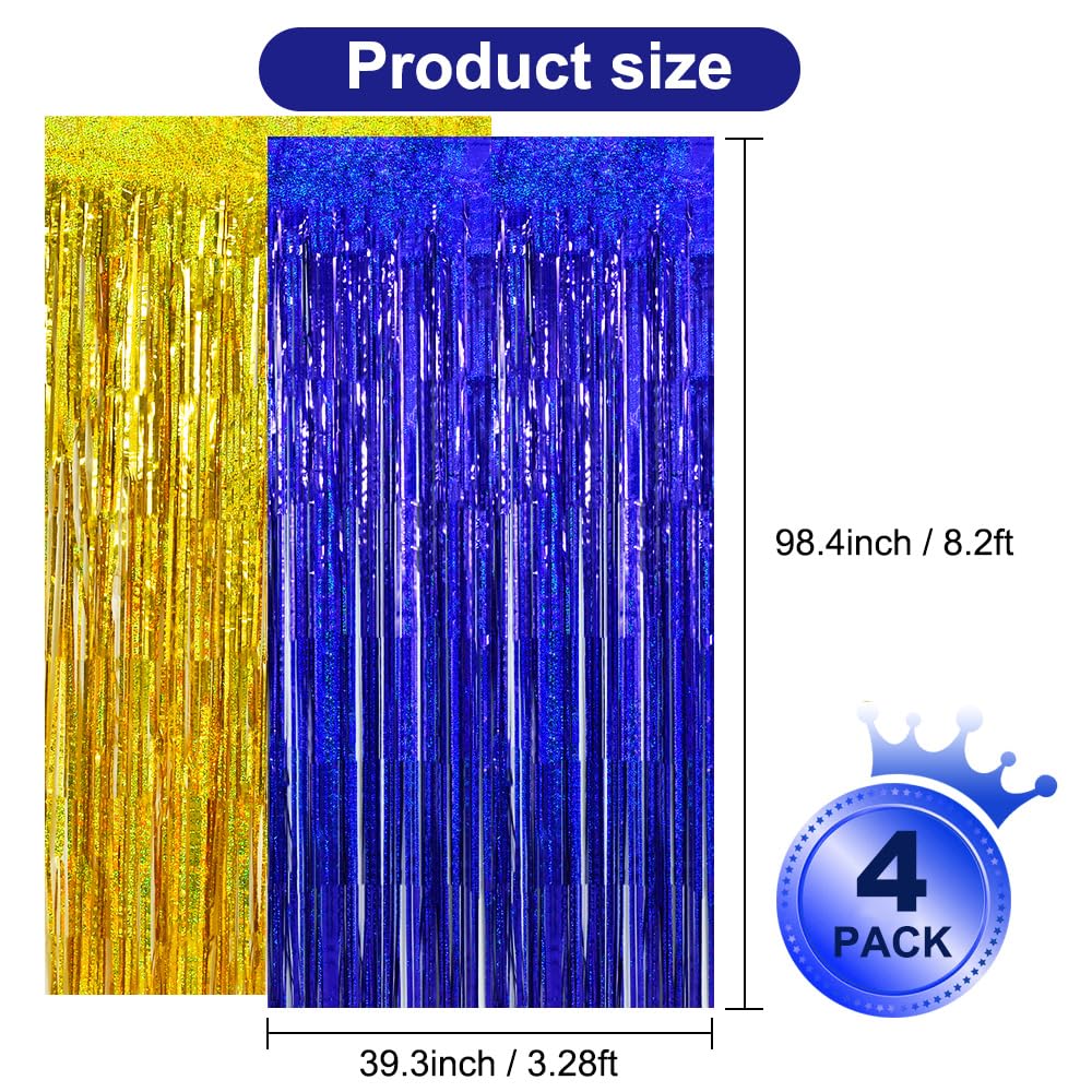 Beishida 4 Pcs Blue And Gold Party Streamers Fringe Foil Curtain Backdrop Tinsel Background Party Decoration For Door Wall Gradu