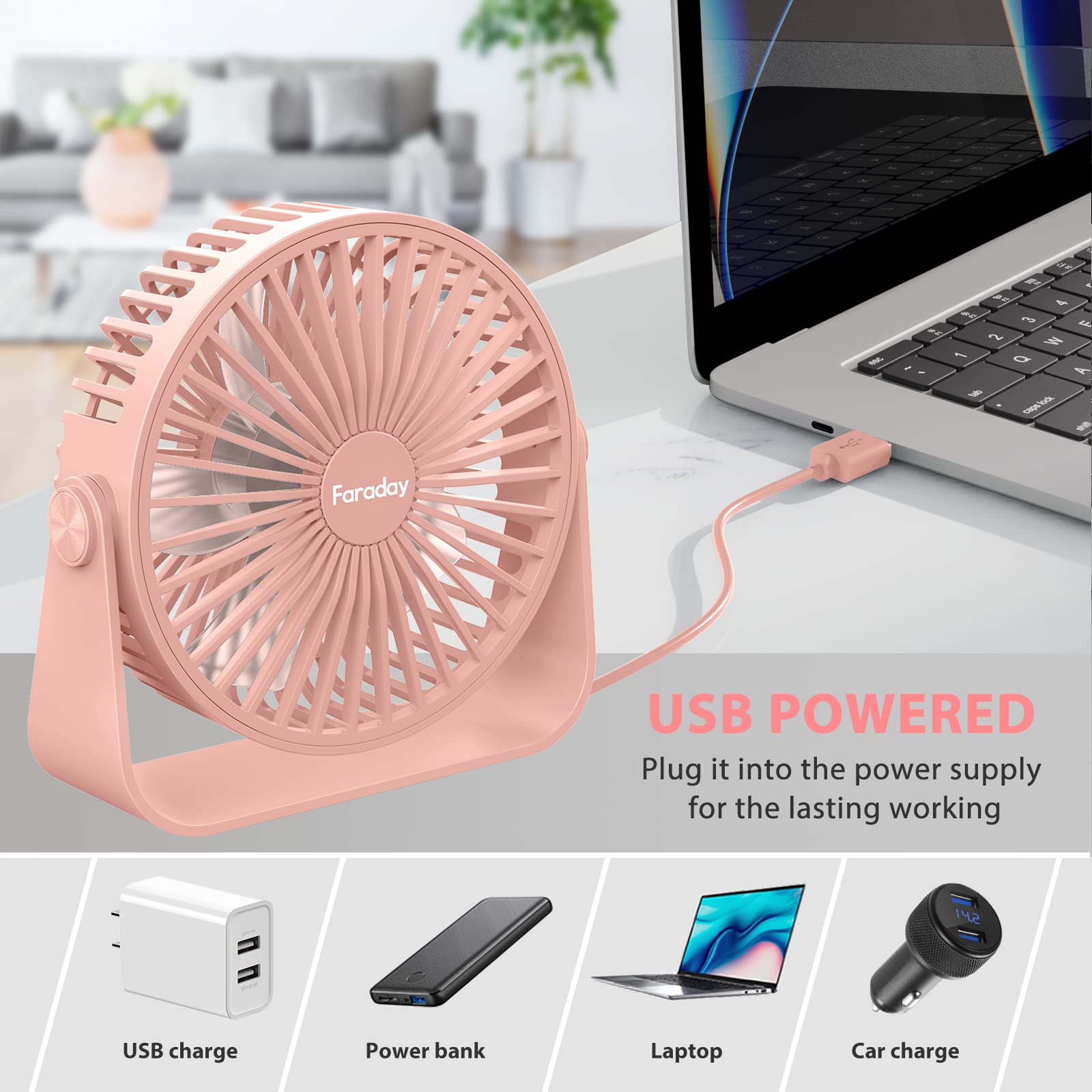 Faraday Usb Desk Fans 5 Inches Portable Table Fans 360 Head Rotation Small Personal Desktop Fan For Home Office, 3 Speeds, Pink