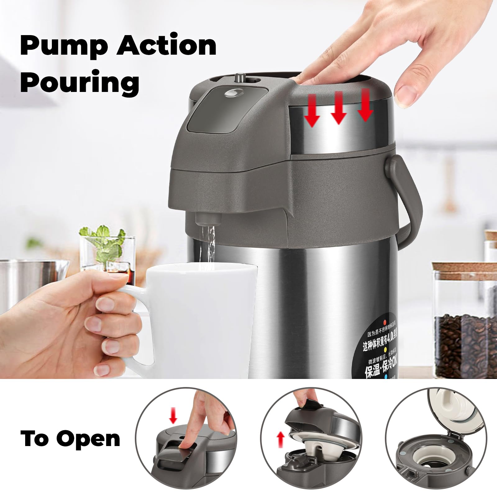 Ojoj 4L/133Oz Thermal Coffee Carafe With Pump, Thermal Beverage Dispenser, Coffee Airpot Stainless Steel Coffee Carafe For Hot D