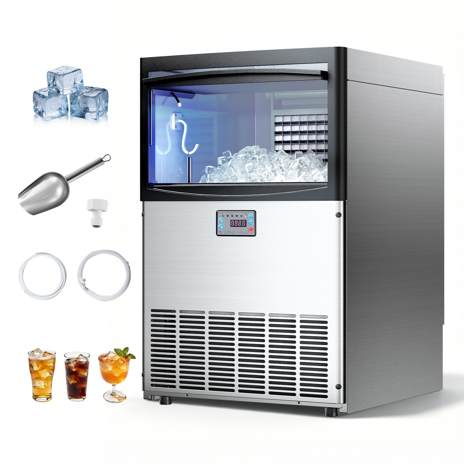 VEVOR Commercial Ice Maker Machine, 200 lbs/24h with 50 lbs Storage Capacity, Built-in/Freestanding/Under Counter, Stainless Ste