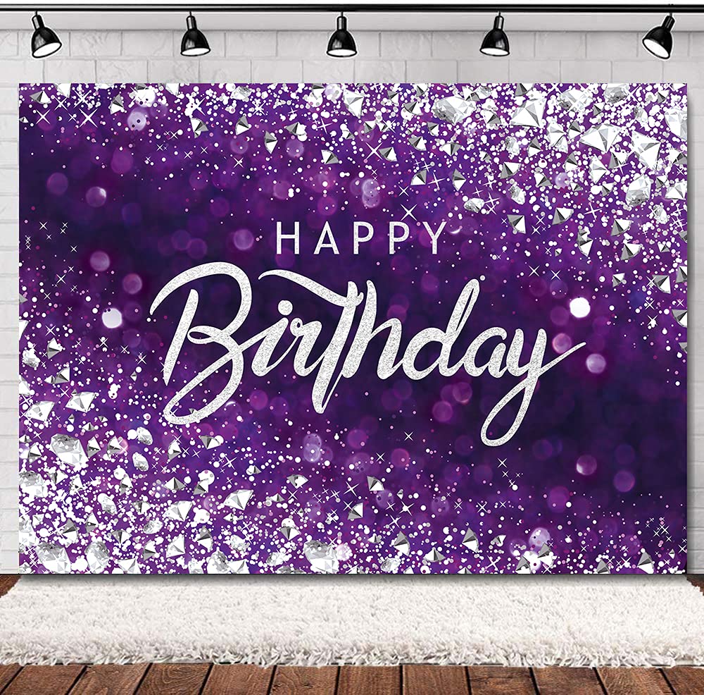 Svbright Purple Happy Birthday Backdrop For Women 7Wx5H Shinning Diamond Silver Bokeh Dots Woman Girls Elegant Sweet Princess Po