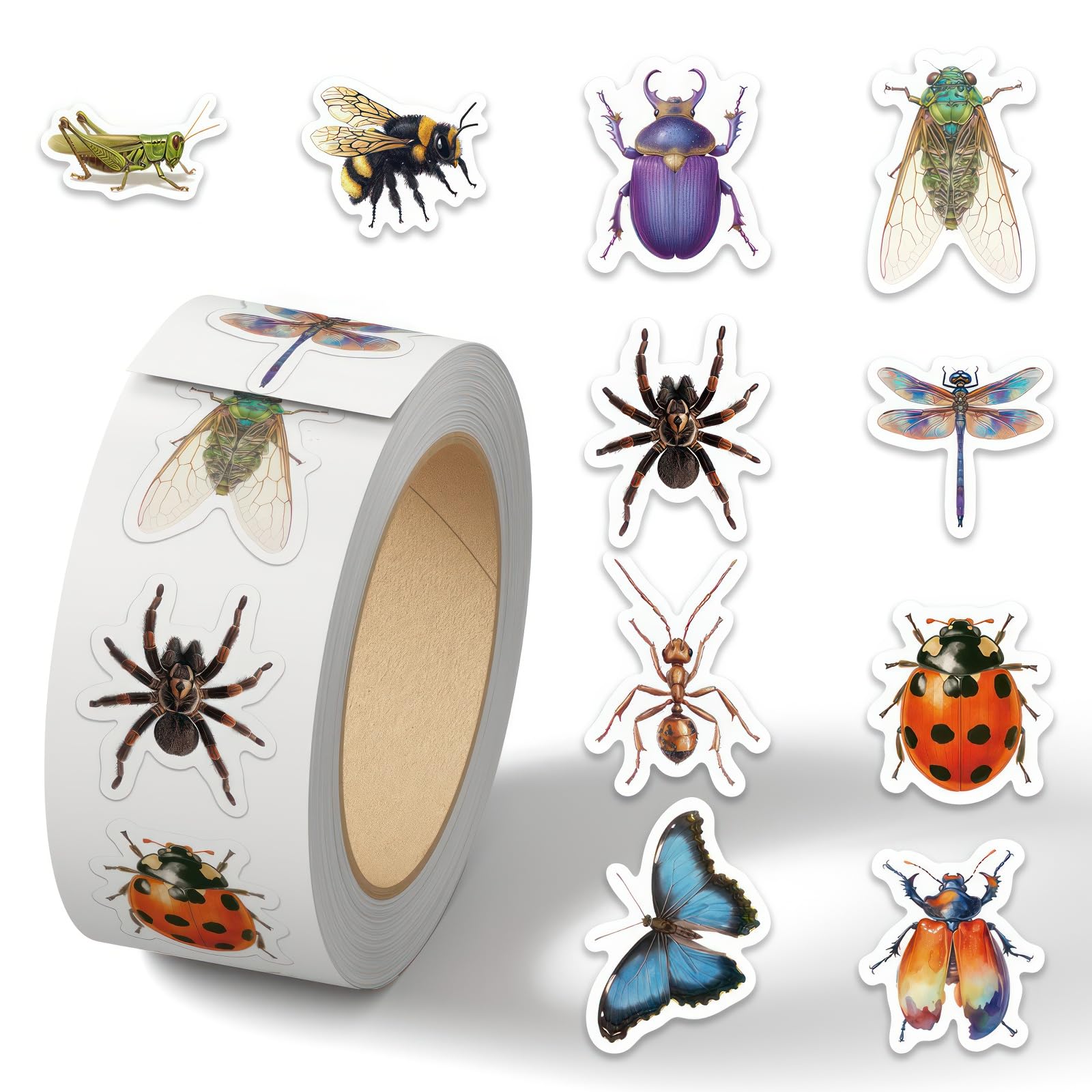 500Pcs Insect Bug Stickers Rolls   10 Design Realistic Nature Insect Sticker Ladybird Beetle Butterfly Bee Decals Insect Aesthet