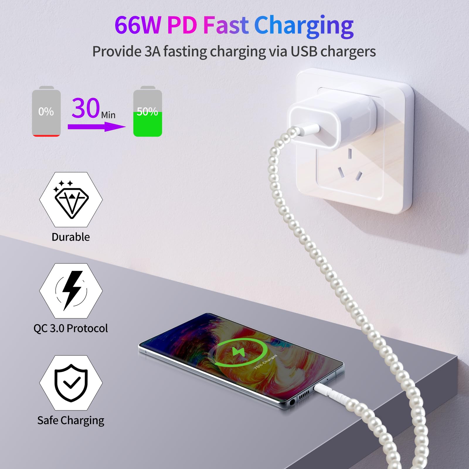 Aolcev Usb C Cable 66W 2 In 1 Multi Usb To Usb C Fast Charging Cable 6.6Ft/2M Long Beaded Phone Charger Pearl Usb Type C Charger