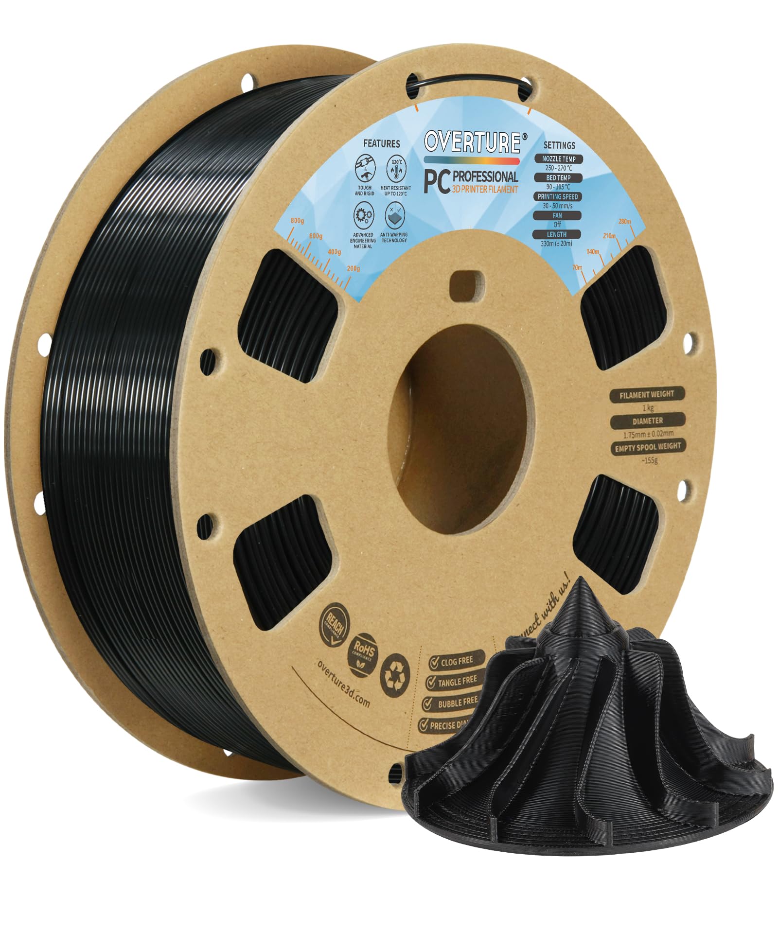 Overture Tough Pc Profeesional Filament, Cardboard Spool, 1Kg(2.2Lbs), Dimensional Accuracy 99% Probability +/  0.03Mm, Fit Most