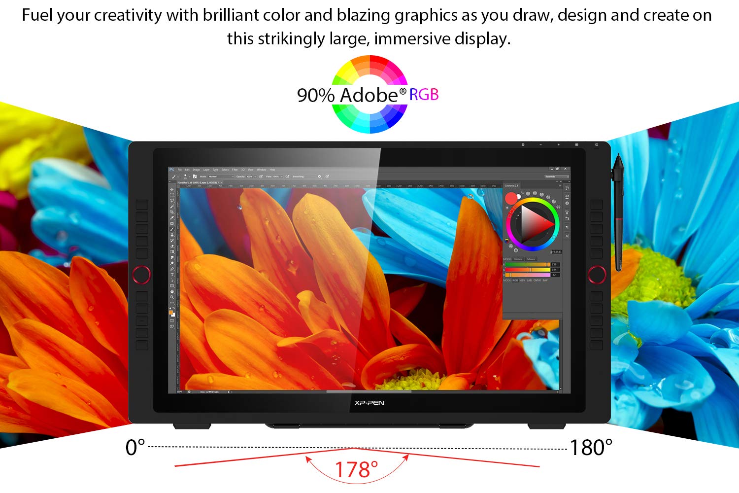 Xppen Artist24 Pro 90% Adobe Rgb Drawing Tablet With Screen, 2.5K Resolution Graphics Tablet Drawing Monitor Supports A Usb-C To