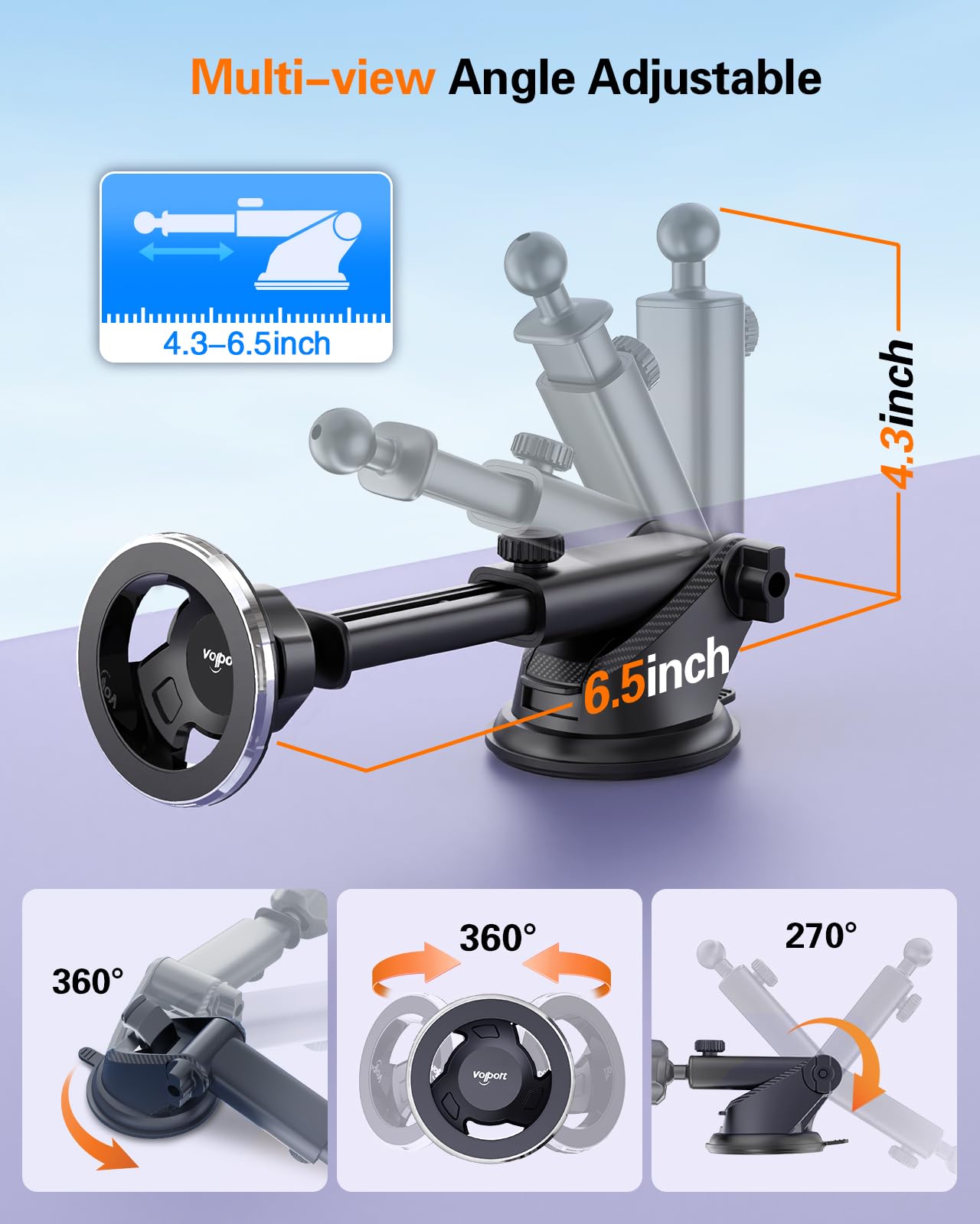 Volport For Magsafe Car Mount [Dashboard & Windshield]: Universal Dash Magnetic Phone Holder [360 Rotatable Suction Cup], Strong