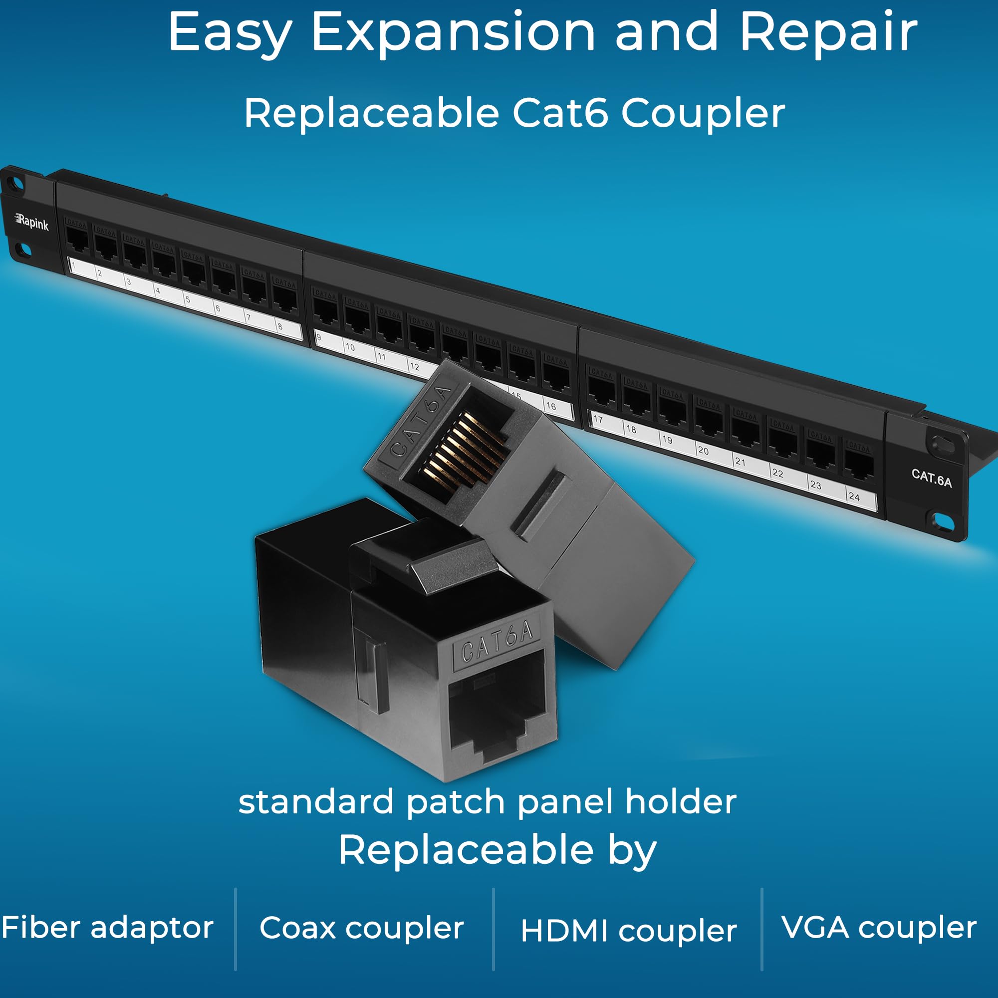 Rapink Patch Panel 24 Port Cat6A With Inline Keystone 10G Support, Pass Thru Coupler Utp 19 Inch With Removable Back Bar, 1U Network Patch Panel For Cat6A,Cat6, Cat5E, Cat5 Cabling